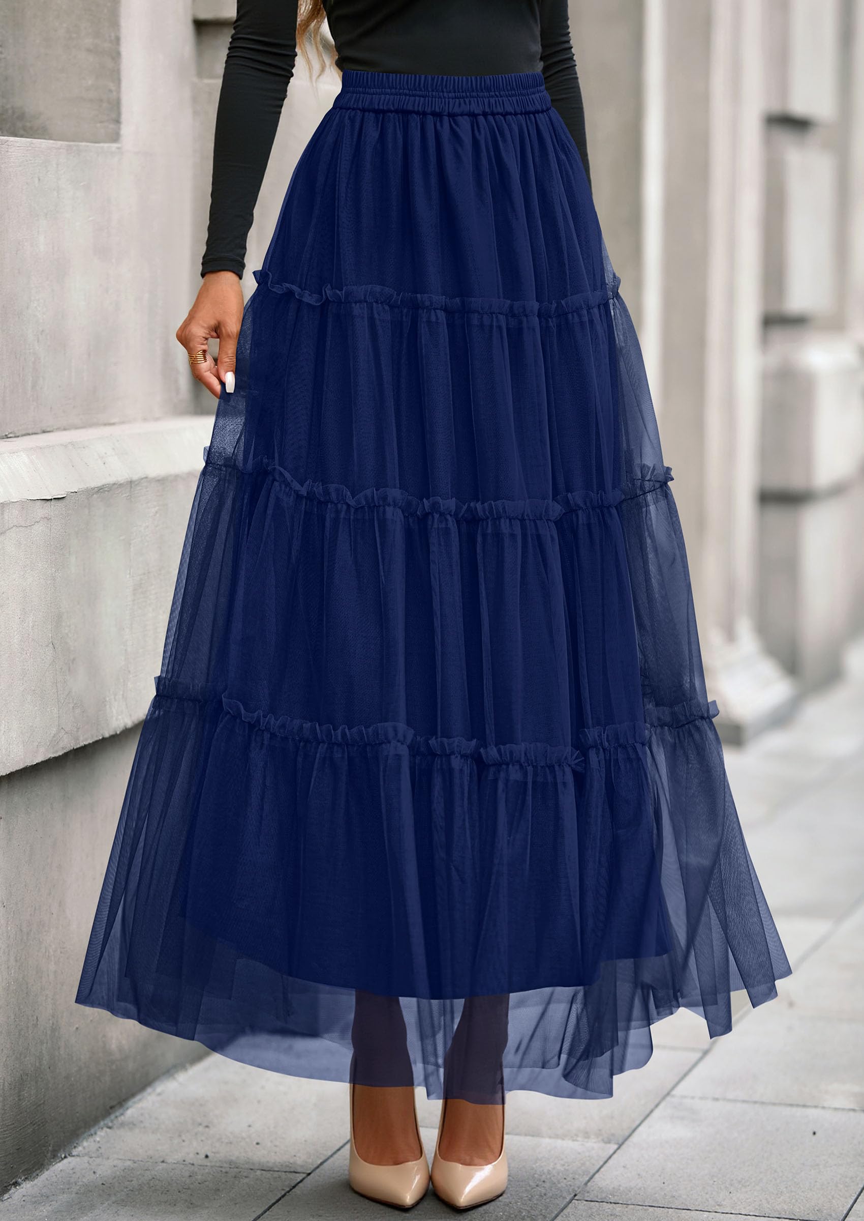 Women's Fall Soft Tulle Tiered Long Skirt,Navy Blue,S