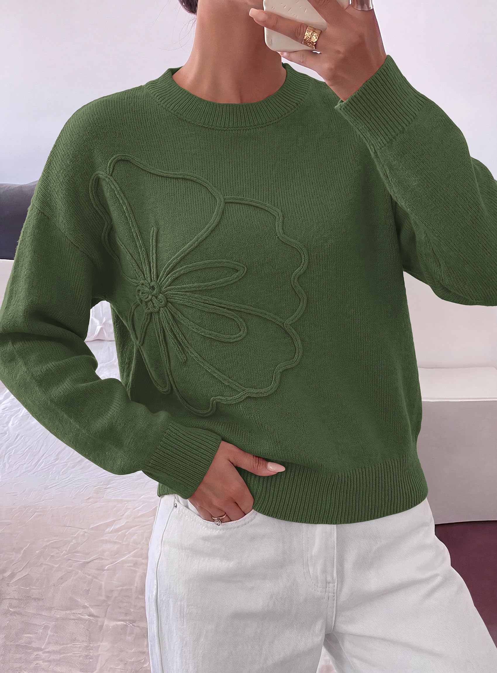 Womens Sweaters Floral Long Sleeve Knit Tops,Army Green,S