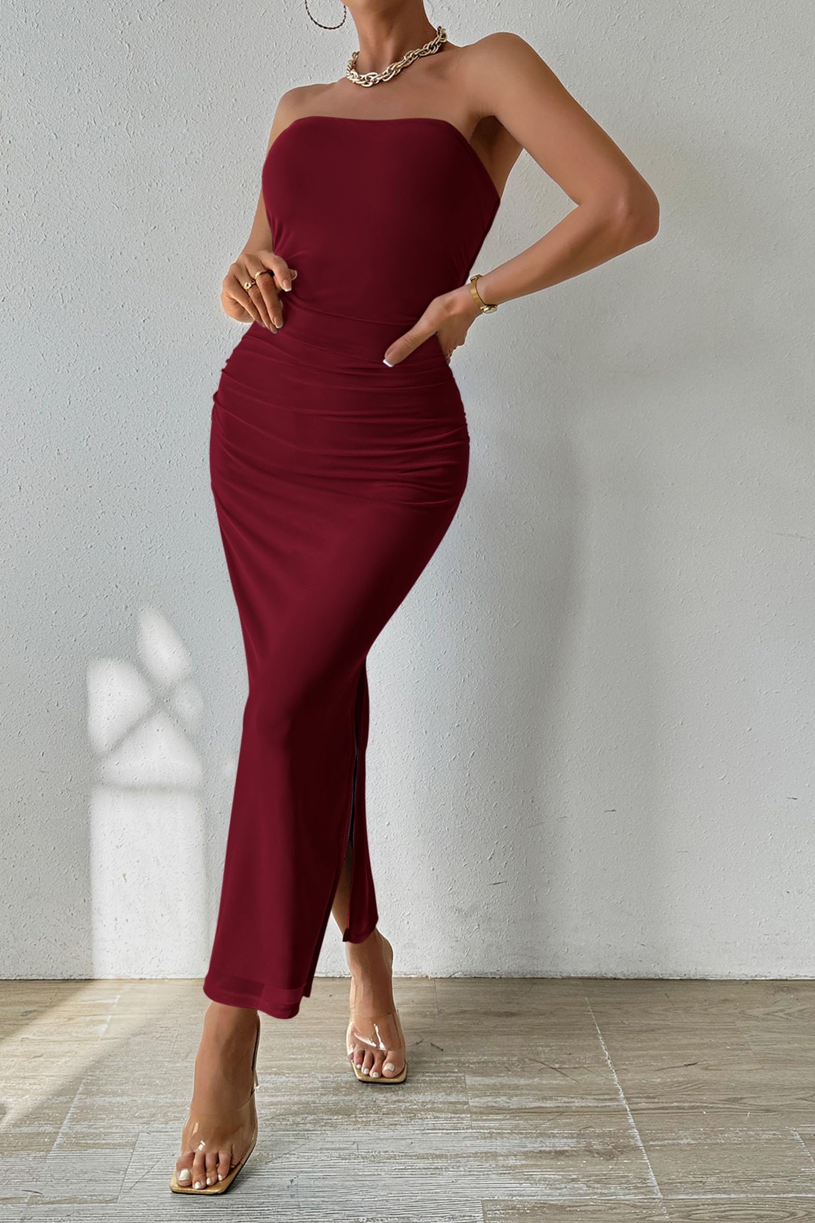 Women's Strapless Bodycon Maxi Tube Dress, Solid Wine Red,S