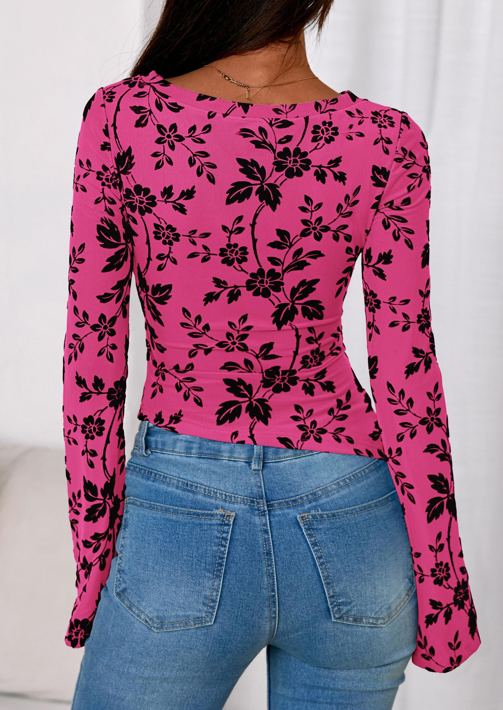 Women's Long Bell Sleeve Y2K Tops Boho Floral Mesh Blouses