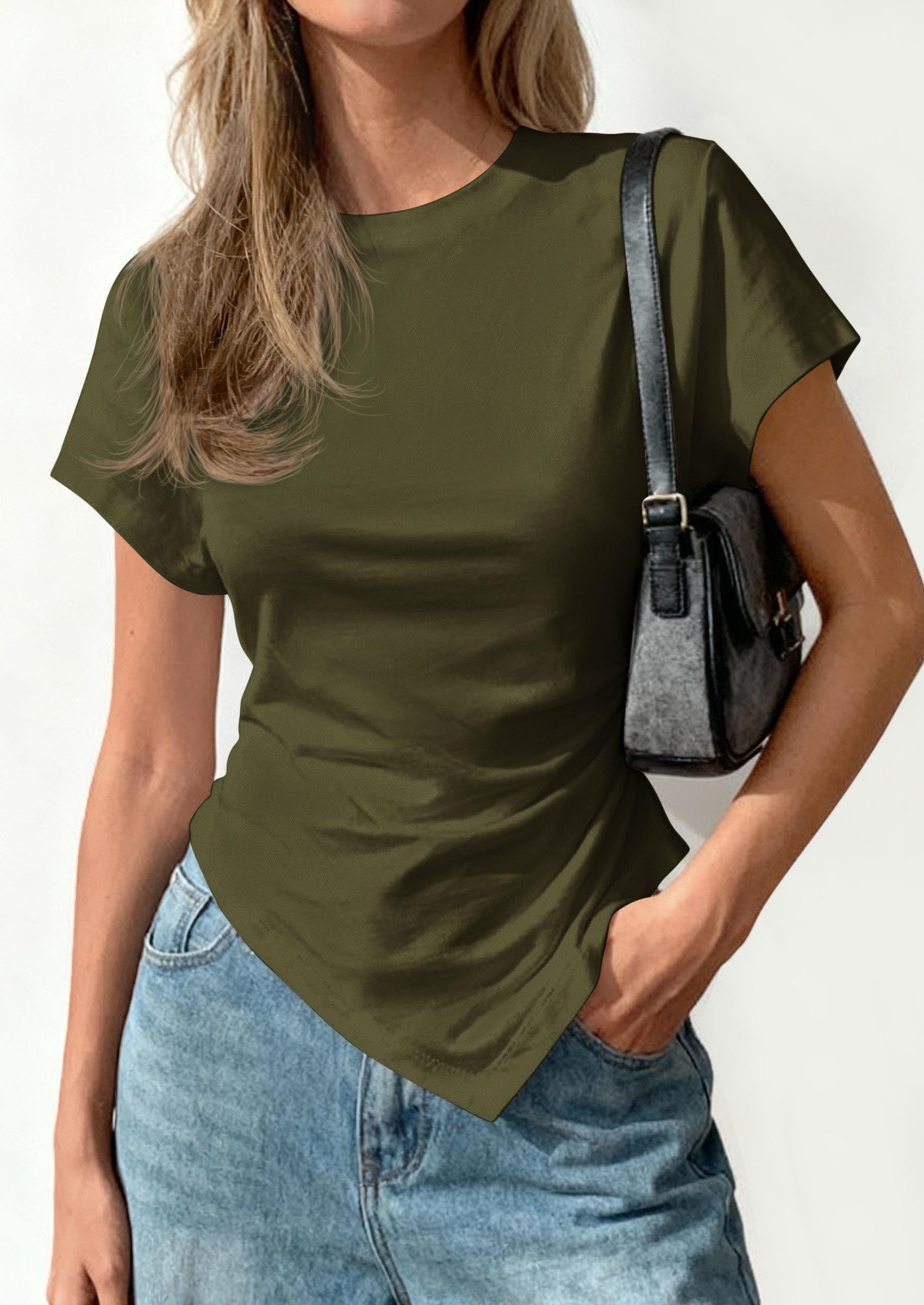 Womens Asymmetrical Summer Short Sleeve Tops,Army Green,XS