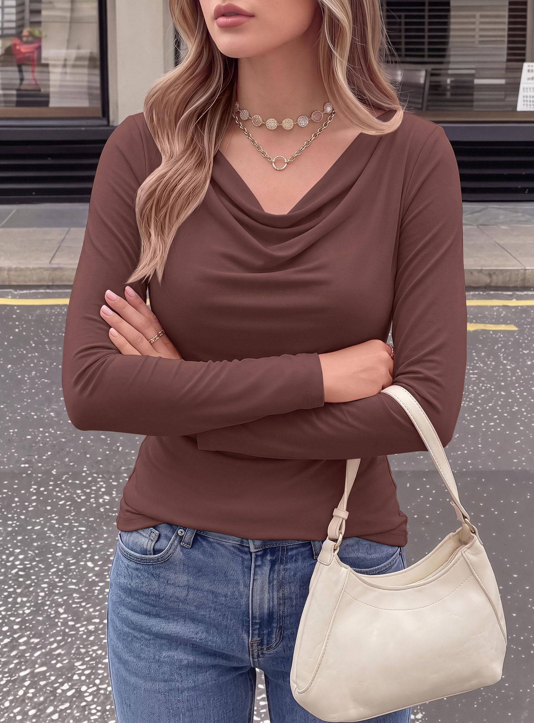 Cowl Neck Tops for Women Fashion Long Sleeve Shirt Brown