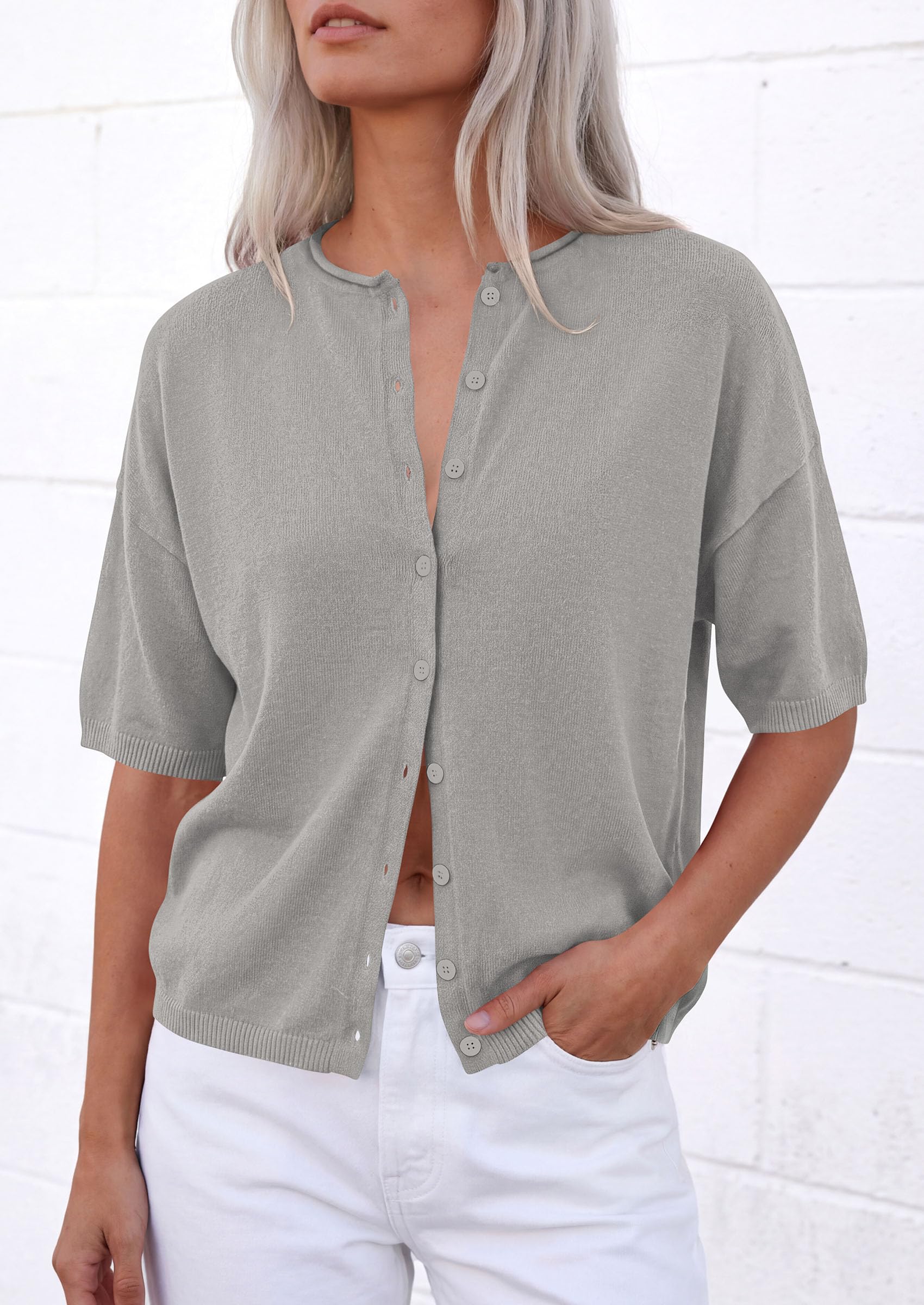 Women's Short Sleeve Cardigan Sweaters (Grey,Small)