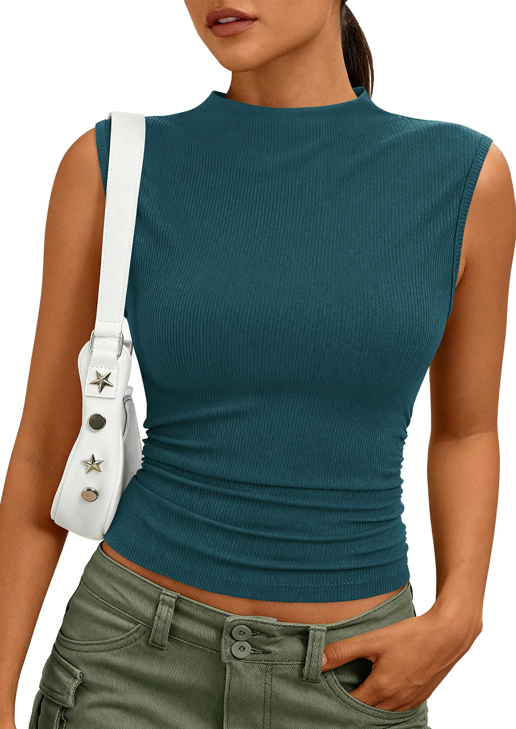 Women's Sleeveless Mock Neck Ribbed Tank Top,Teal,M
