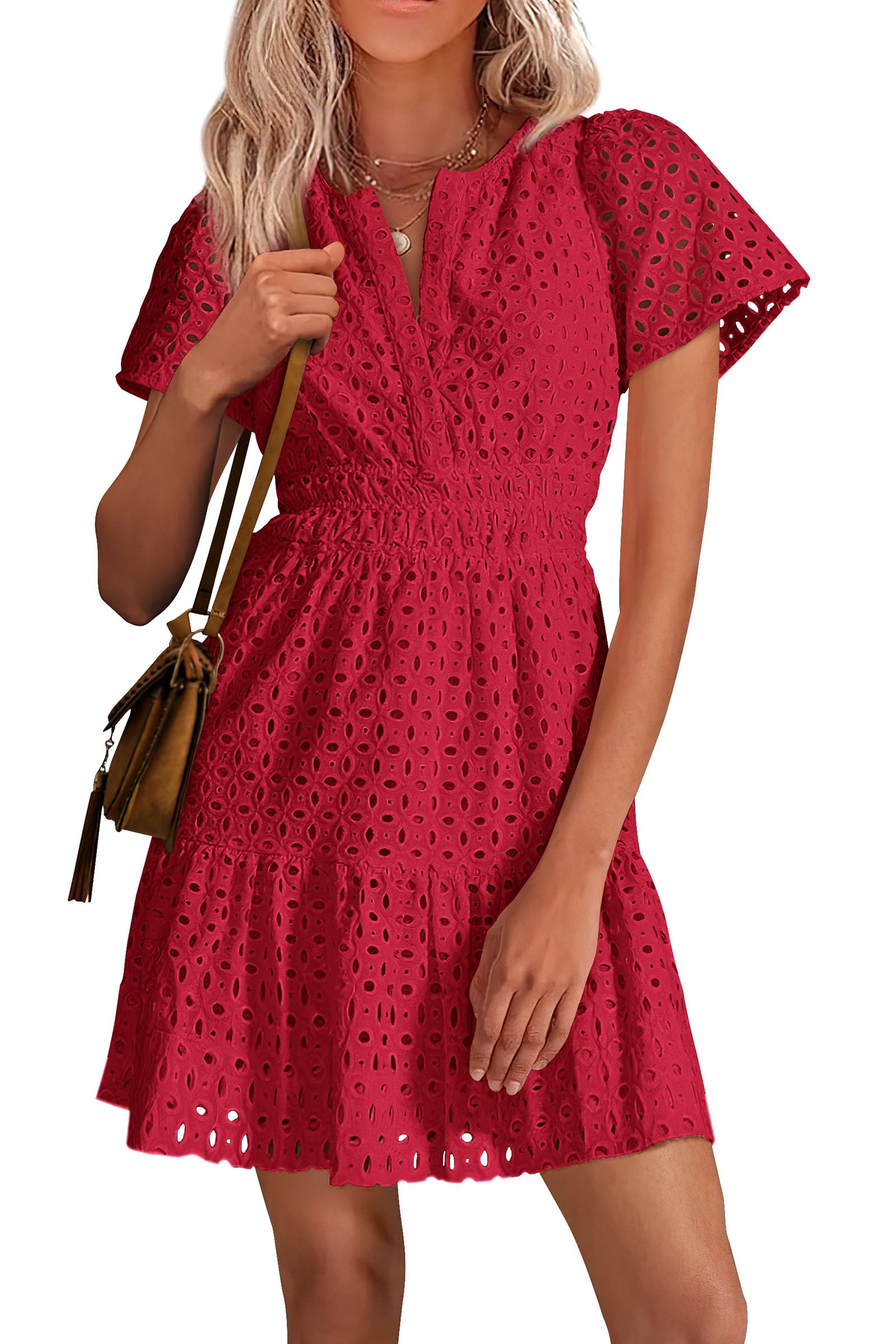 Women's Summer Eyelet Lace Short Dresses (Red,S)
