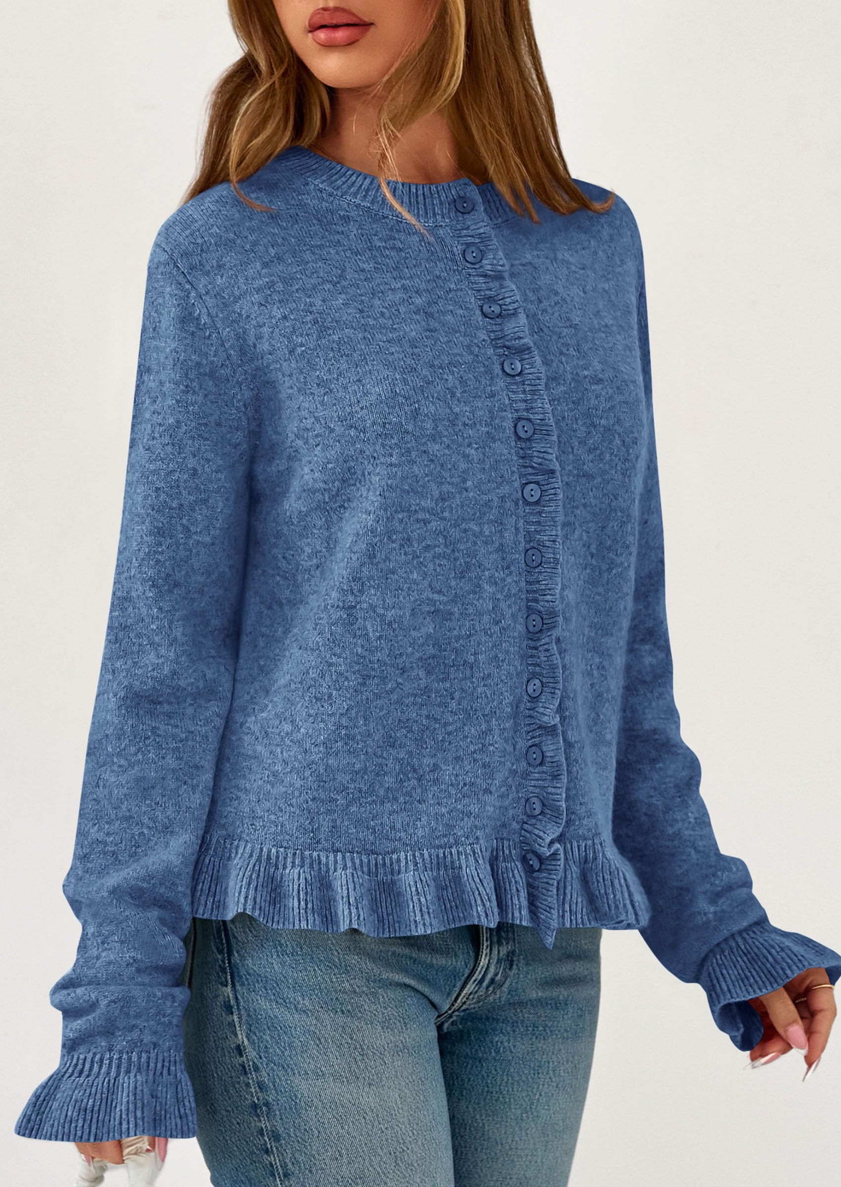 Womens Ruffle Button Down Cardigan Sweaters,Grey Blue,S