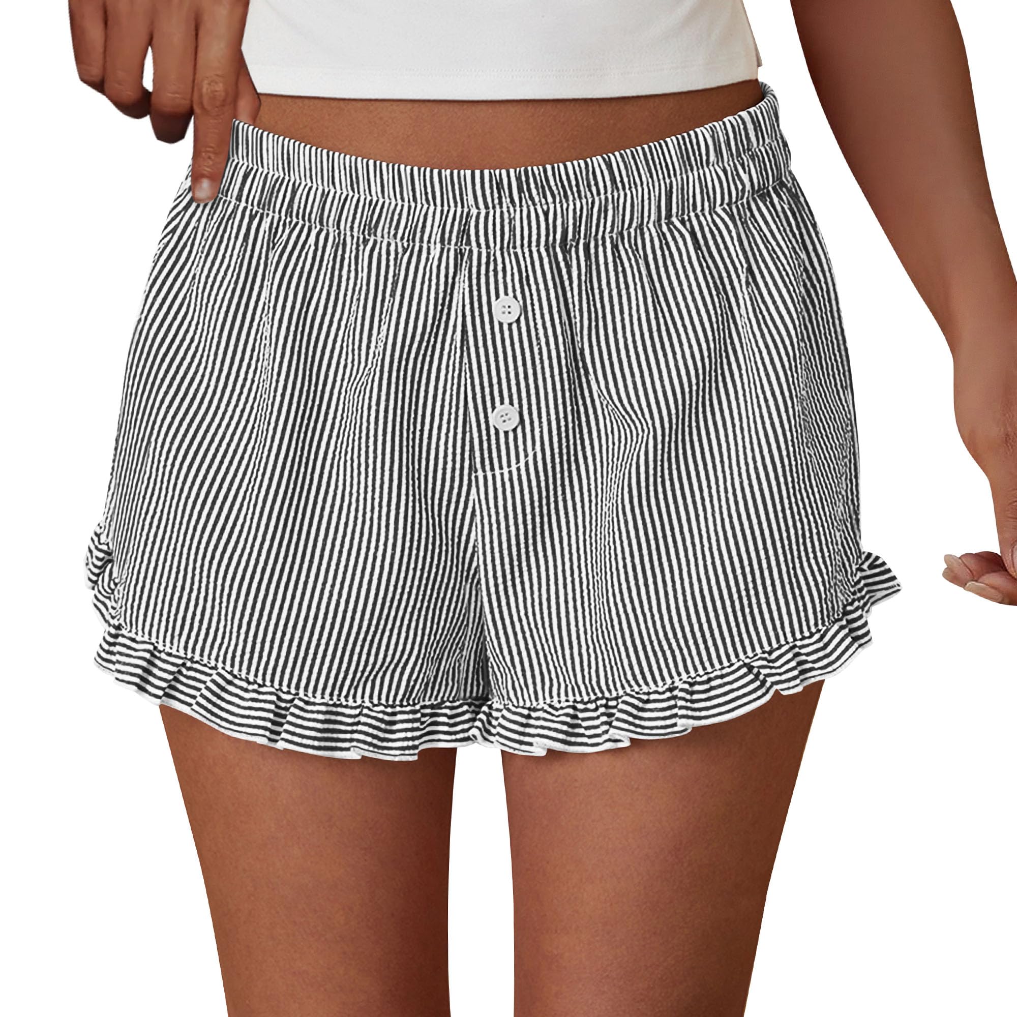 Womens Boxer Shorts Striped Gingham Ruffle Pajama Bottoms