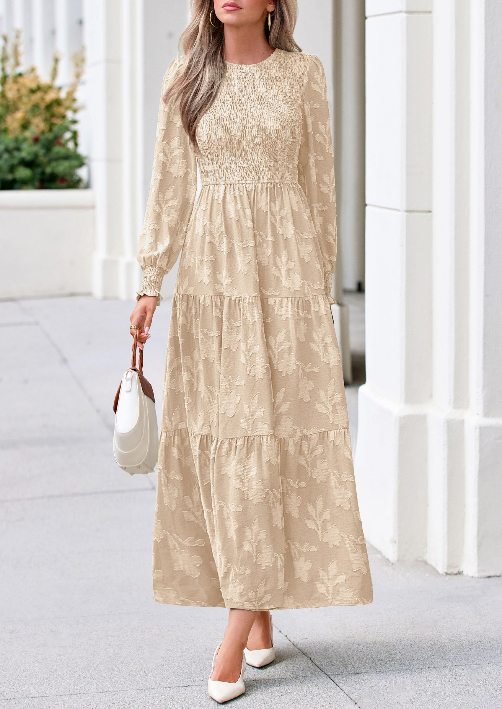 Fall Floral Long Sleeve Wedding Guest Dress for Women Pockets