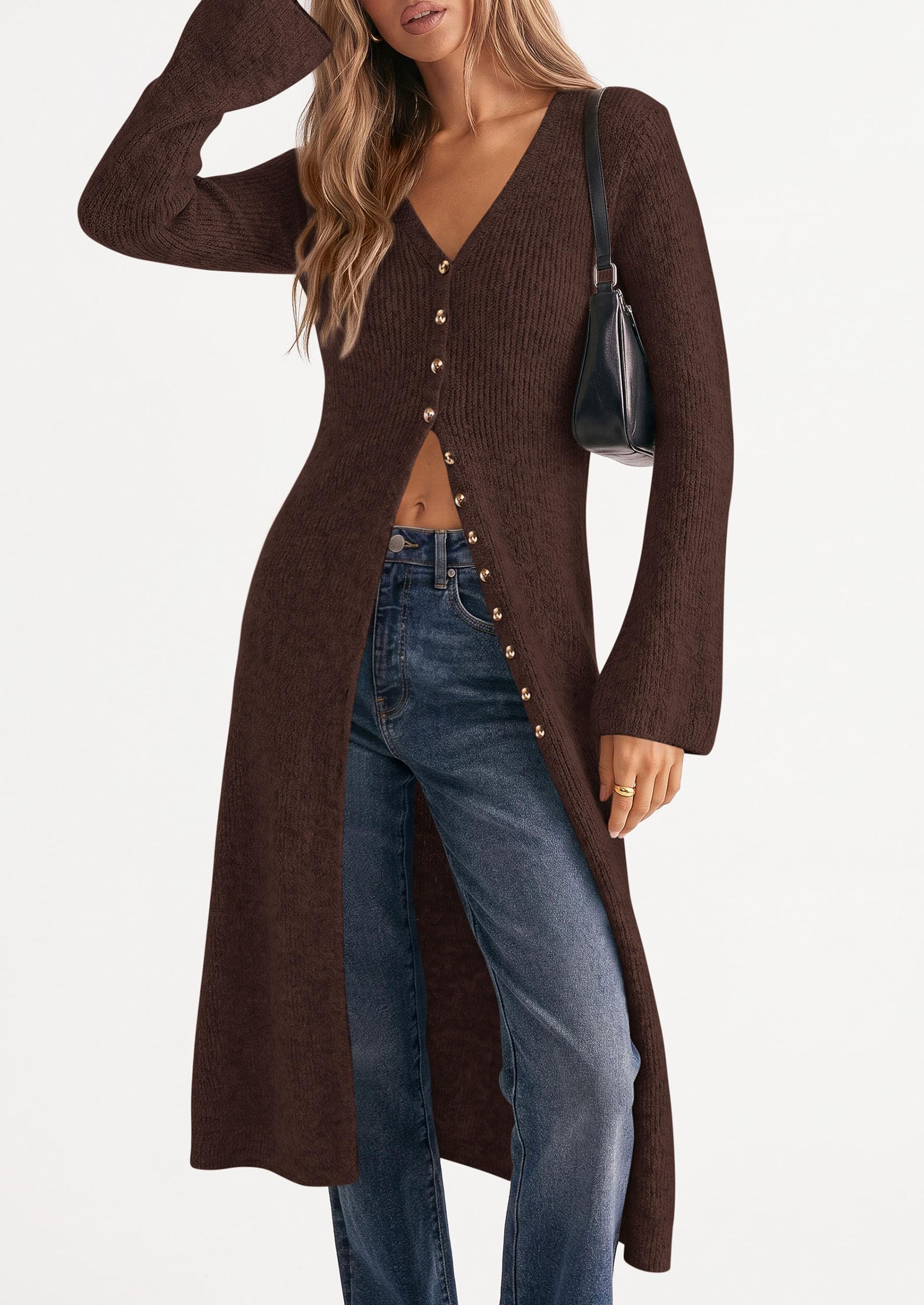 Women Long Cardigan Bell Sleeve Sweater Dress (Brown,S)