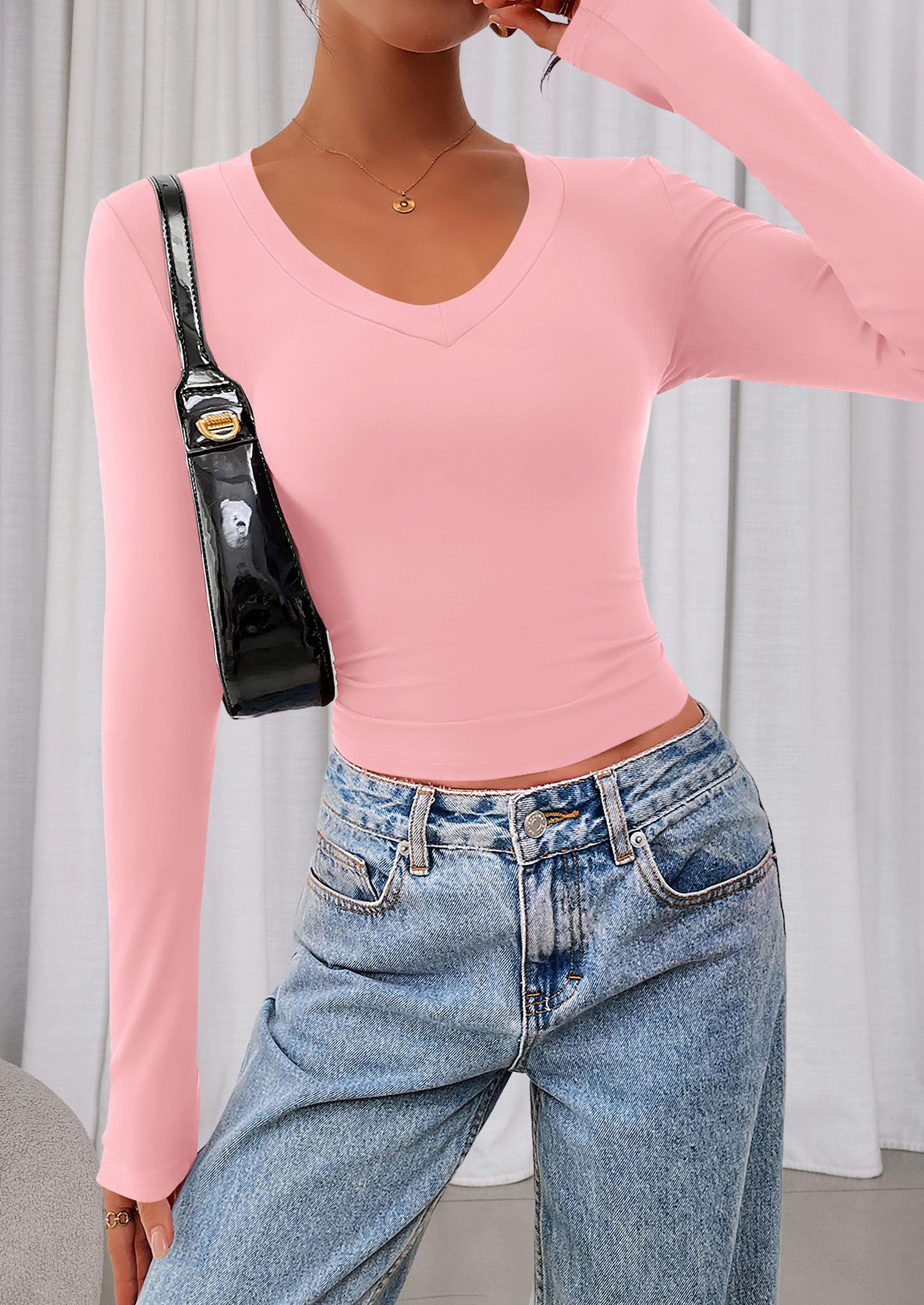 Womens Long Sleeve Slim Fit Crop Tops,Pink,XS