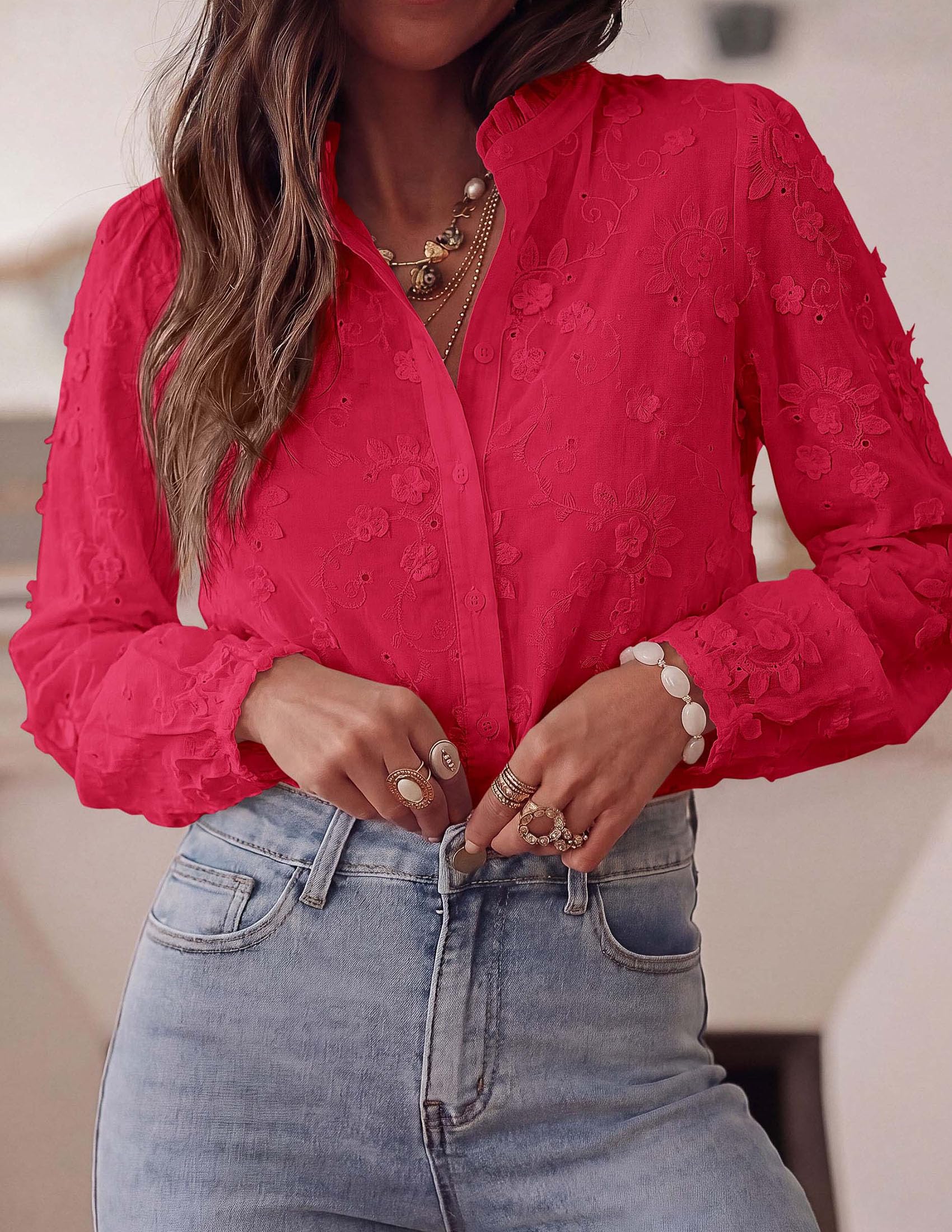 Women's Floral Embroidered Button Down Shirts Work Blouses