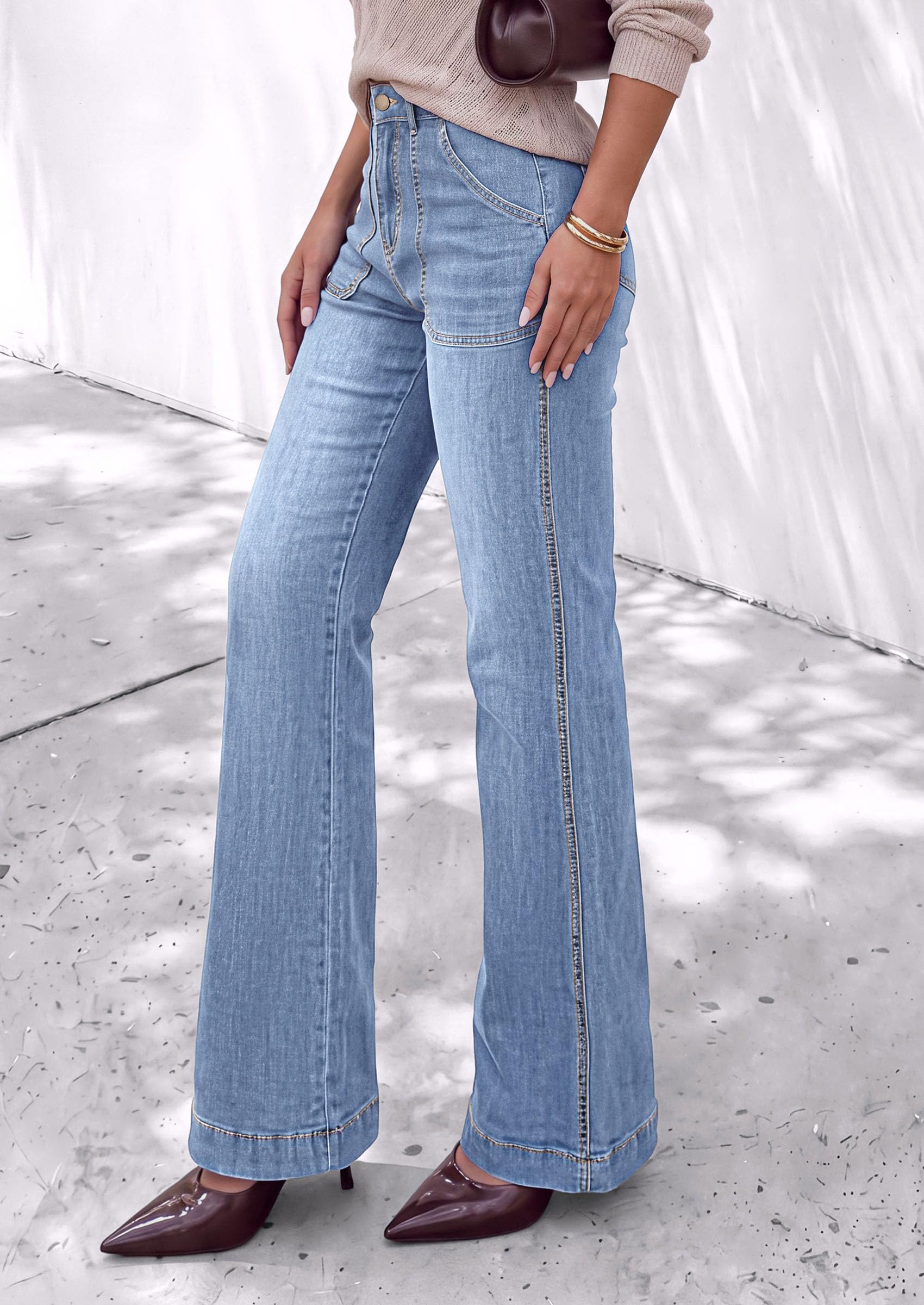 Womens High Waisted Wide Leg Jeans Demin Pants Light Blue