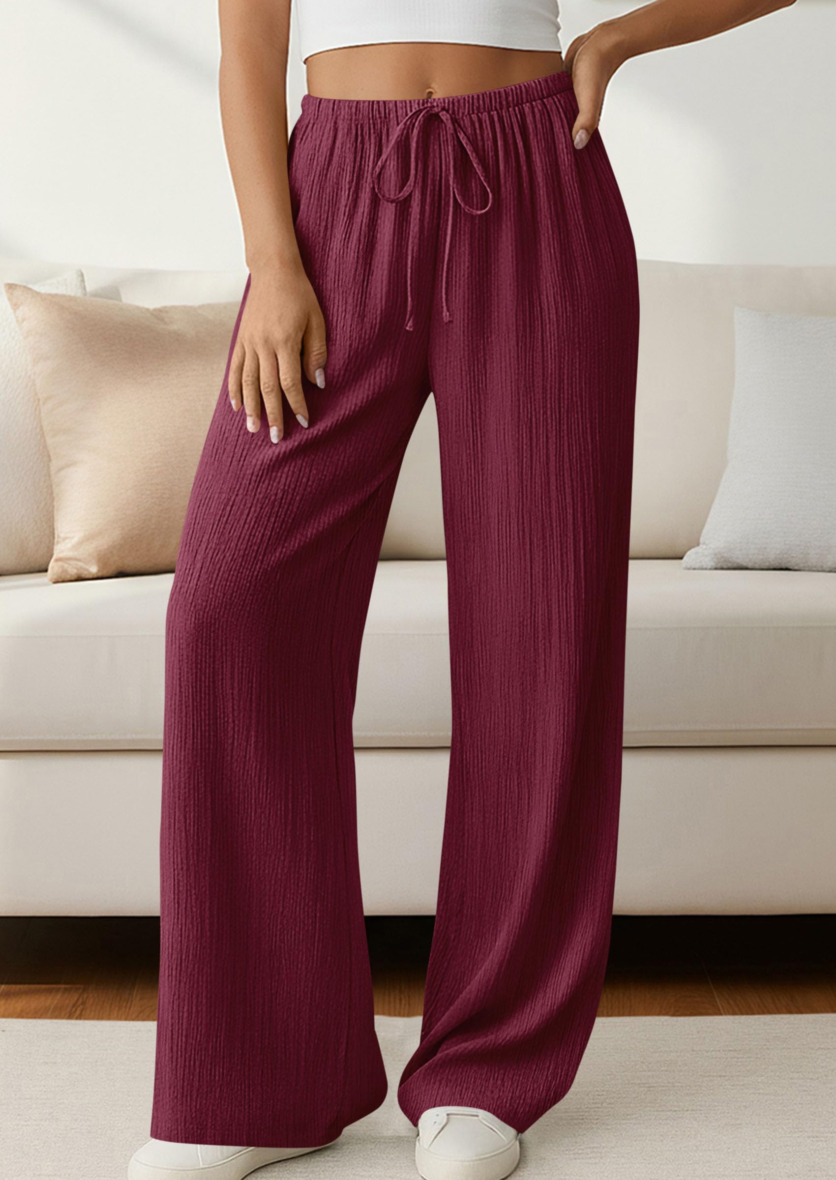 Women's Palazzo Pants Casual Wide Leg Trousers,Burgundy,S