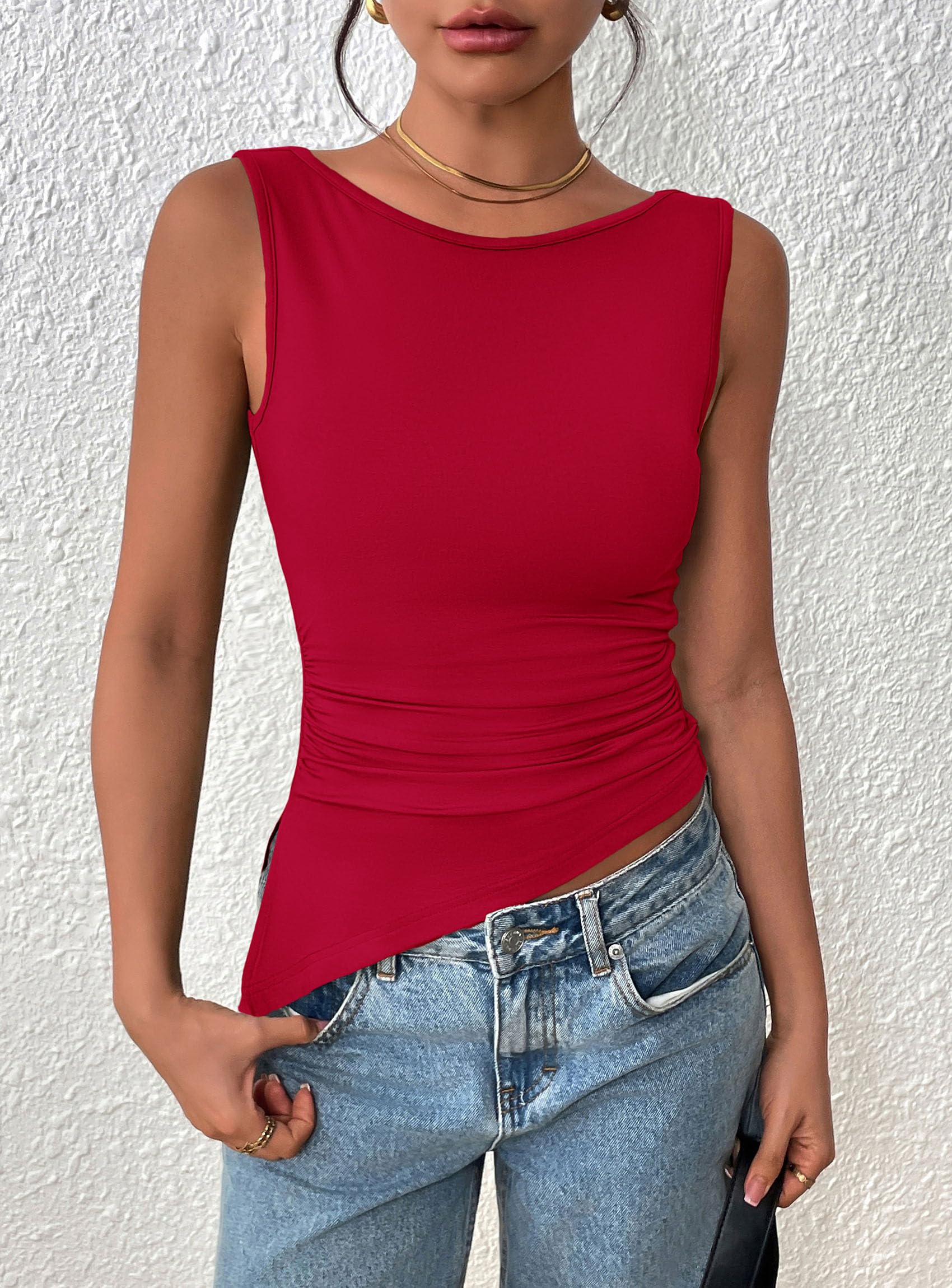 Women's Ruched Tank Tops Summer Y2K Shirts,Red,S