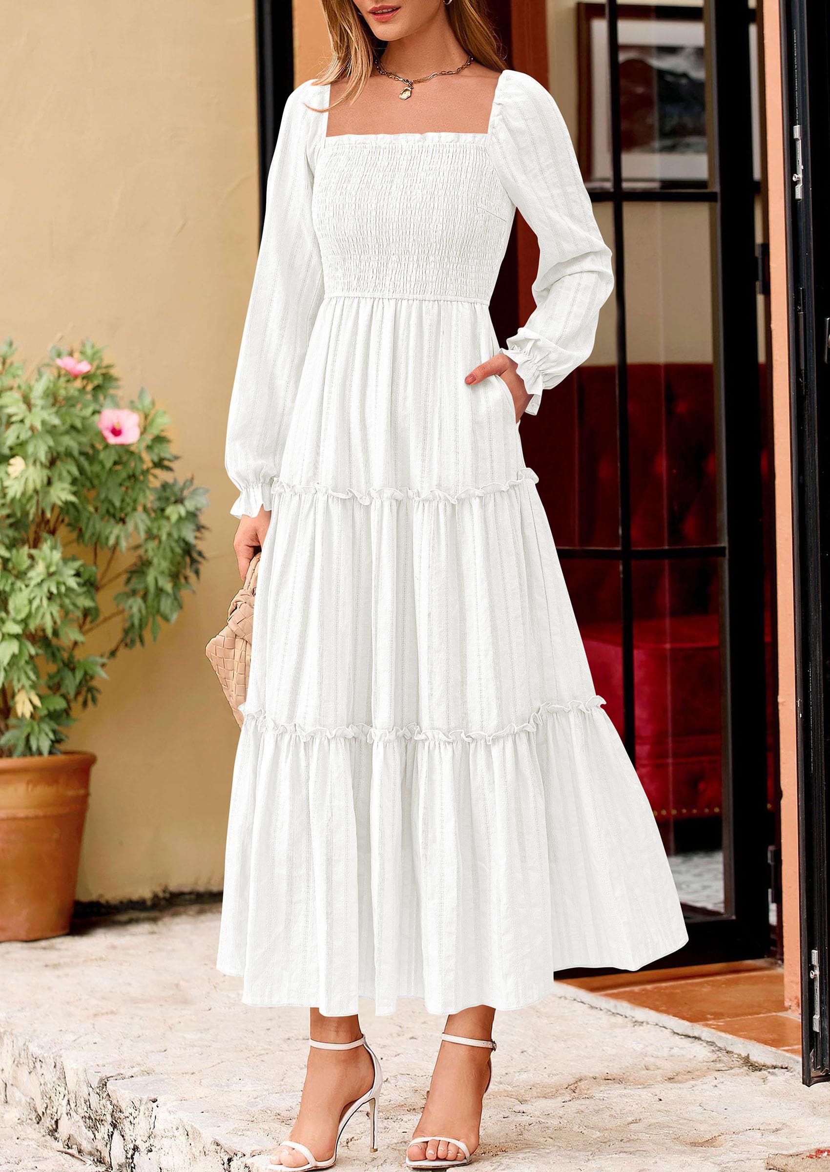 Women's Long Sleeve Ruffle Flowy Maxi Dress,White,S