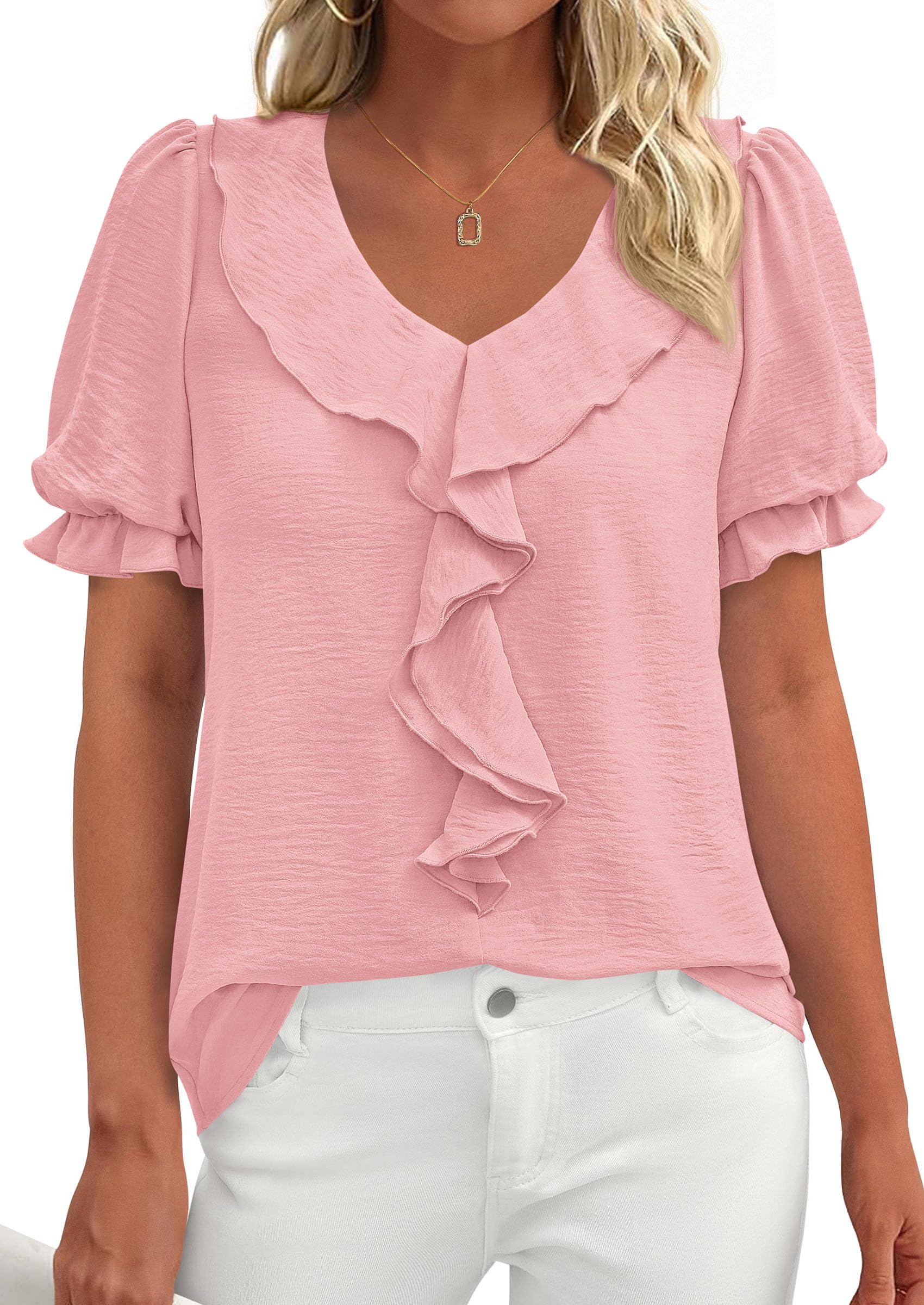 Women's Summer Ruffle Dressy Casual Blouses (Pink,S)