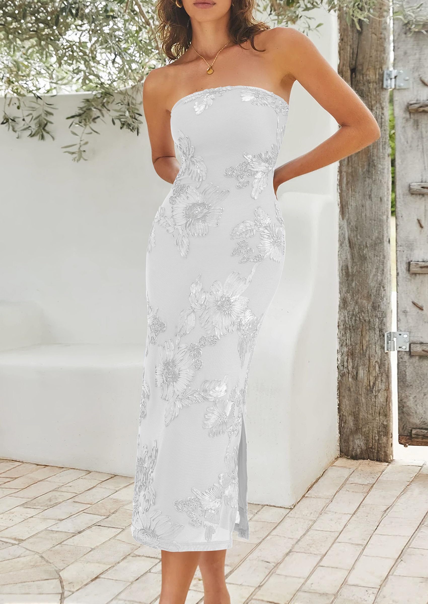 Women's Summer Wedding Guest Floral Midi Dress, White,XS
