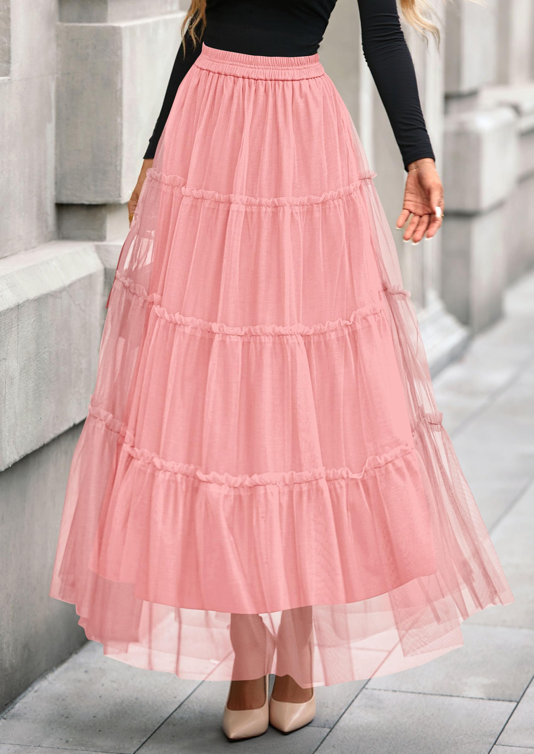 Women's Fall Soft Tulle Tiered Long Skirt,Light Pink,S