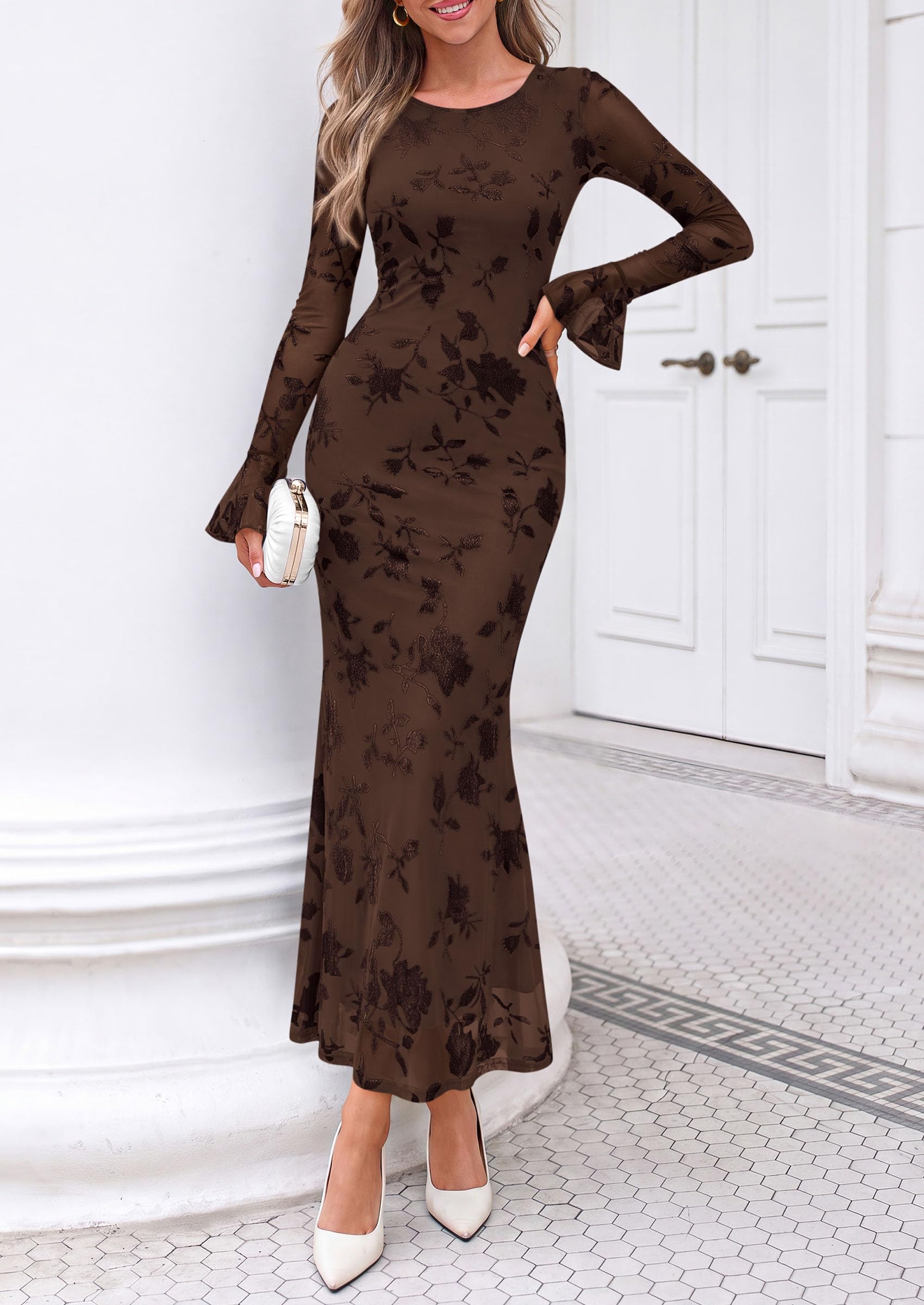 Women's Long Sleeve Maxi Floral Mesh Fall Wedding Guest Dress