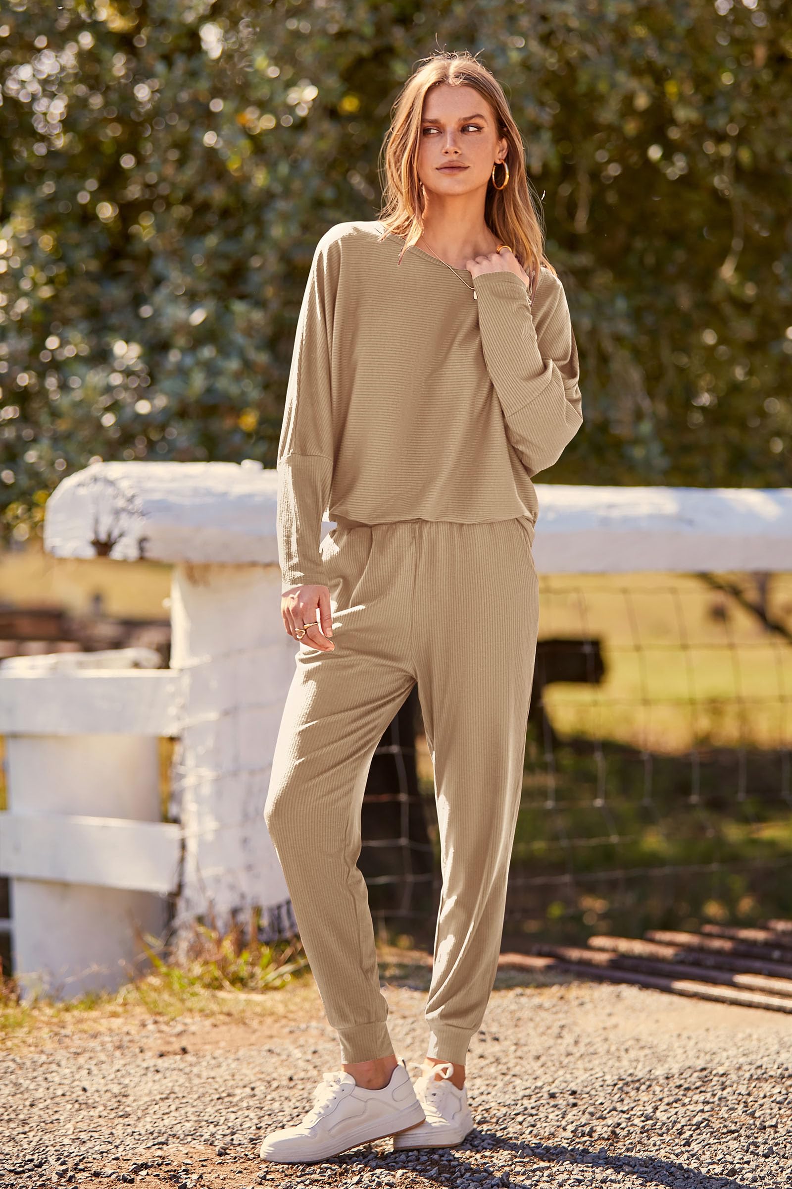 Women's 2 Piece Fall Outfits Matching Ribbed Knit Lounge Sets