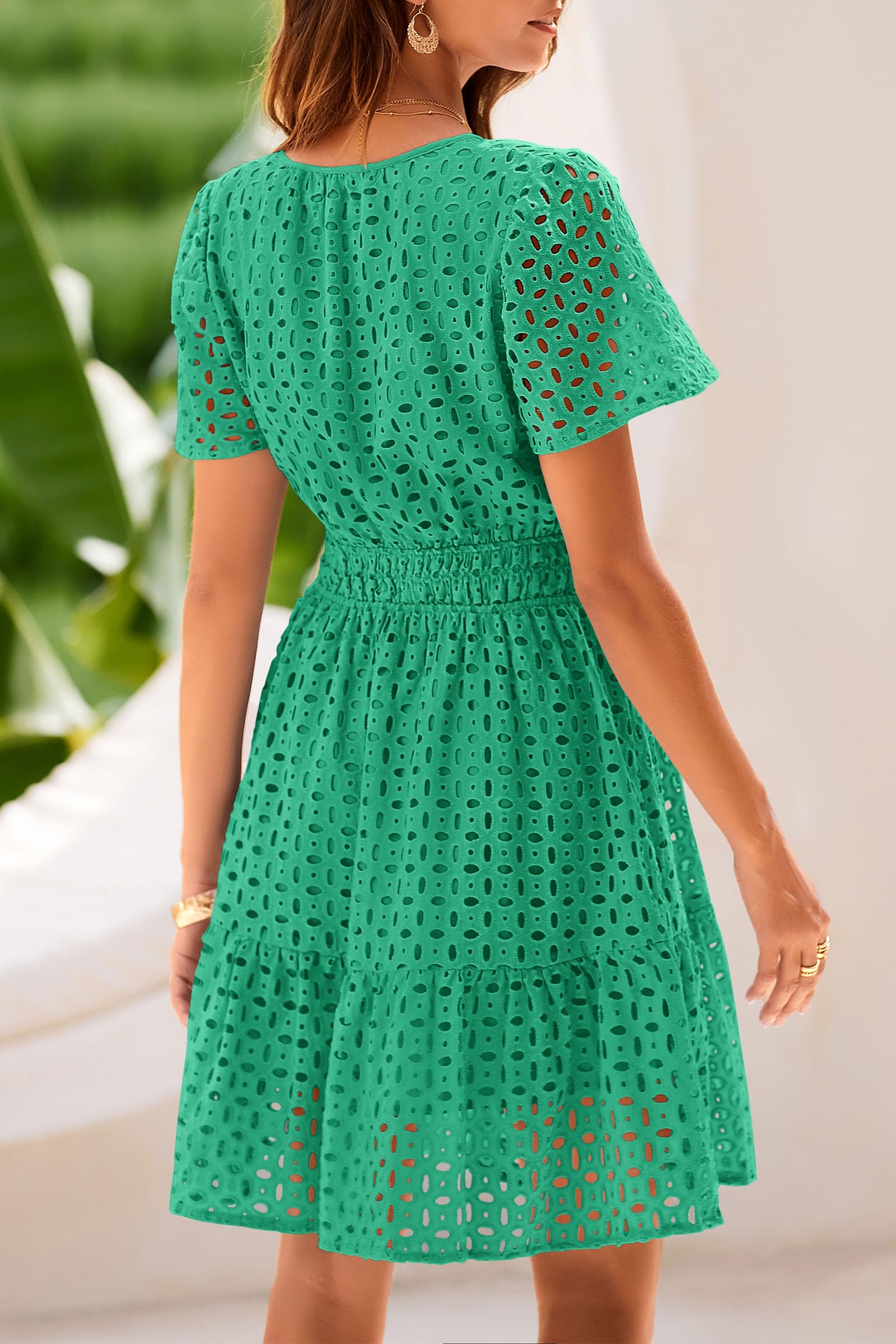Women's Summer Eyelet Lace Short Dresses (Green,S)