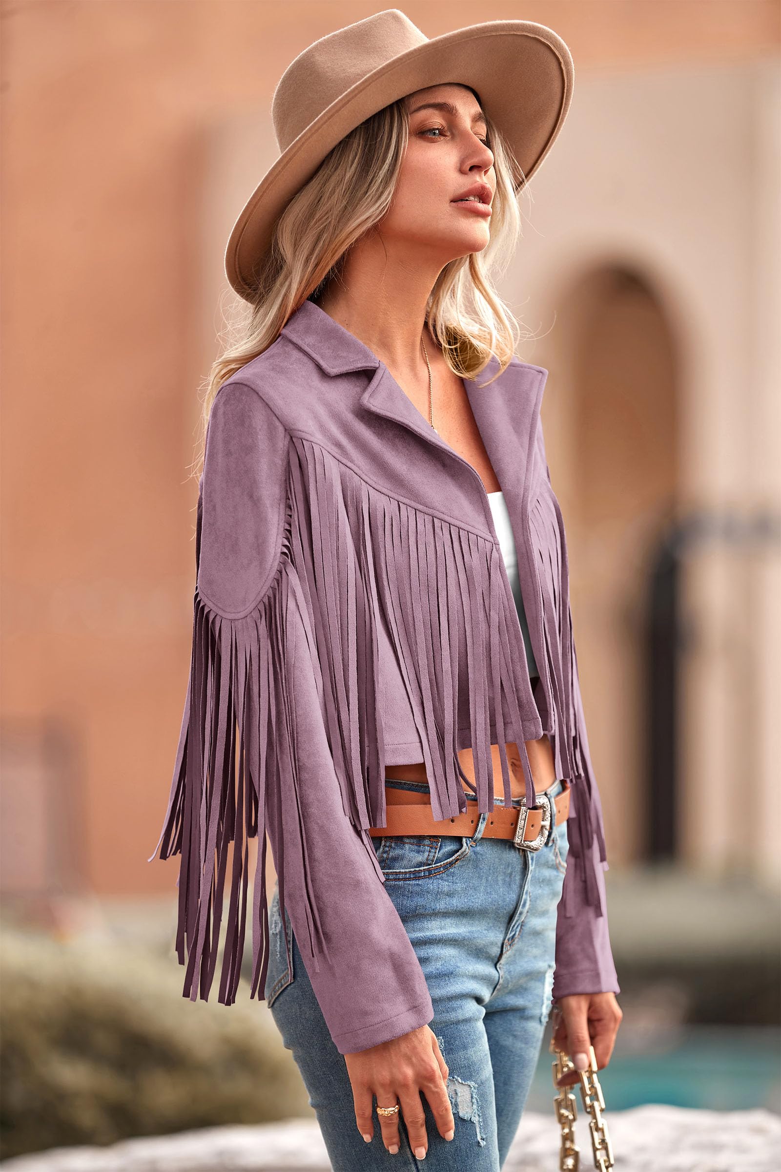 Women's Fringe Faux Suede Leather Jackets,Purple,S