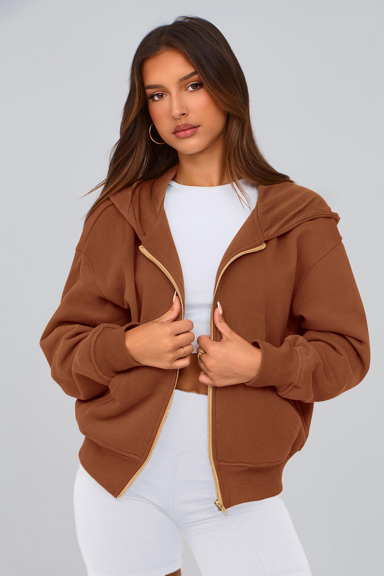 Hoodies for Women Fall Fashion Zip Up Fleece Plain Sweatshirt