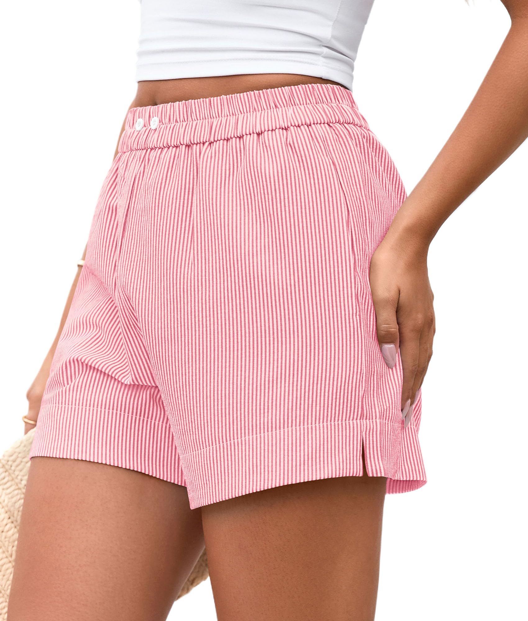 Women's Summer Striped Boxer Shorts, Striped Pink White,S