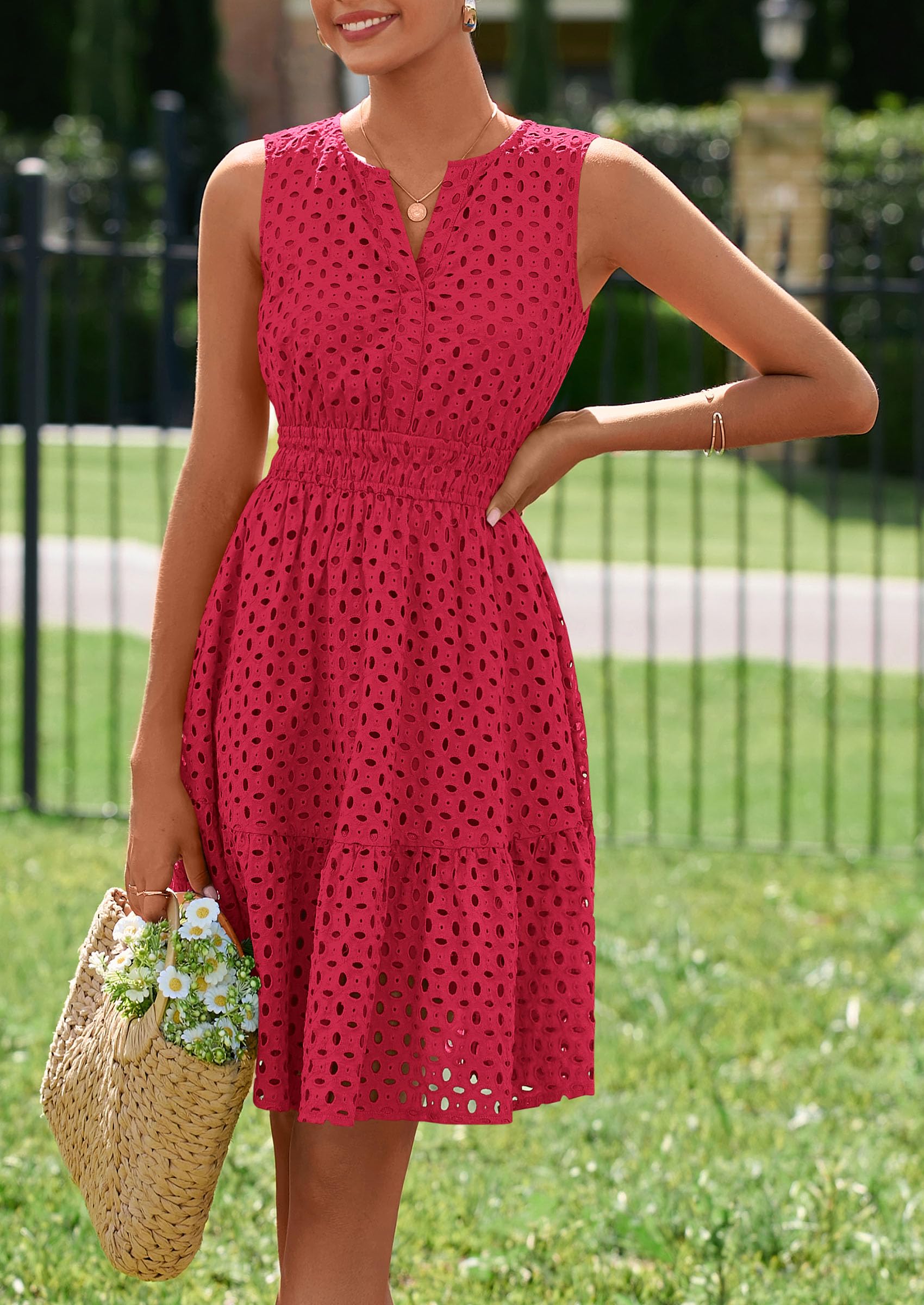 Women's Summer Eyelet A Line Short Dresses,Red,S