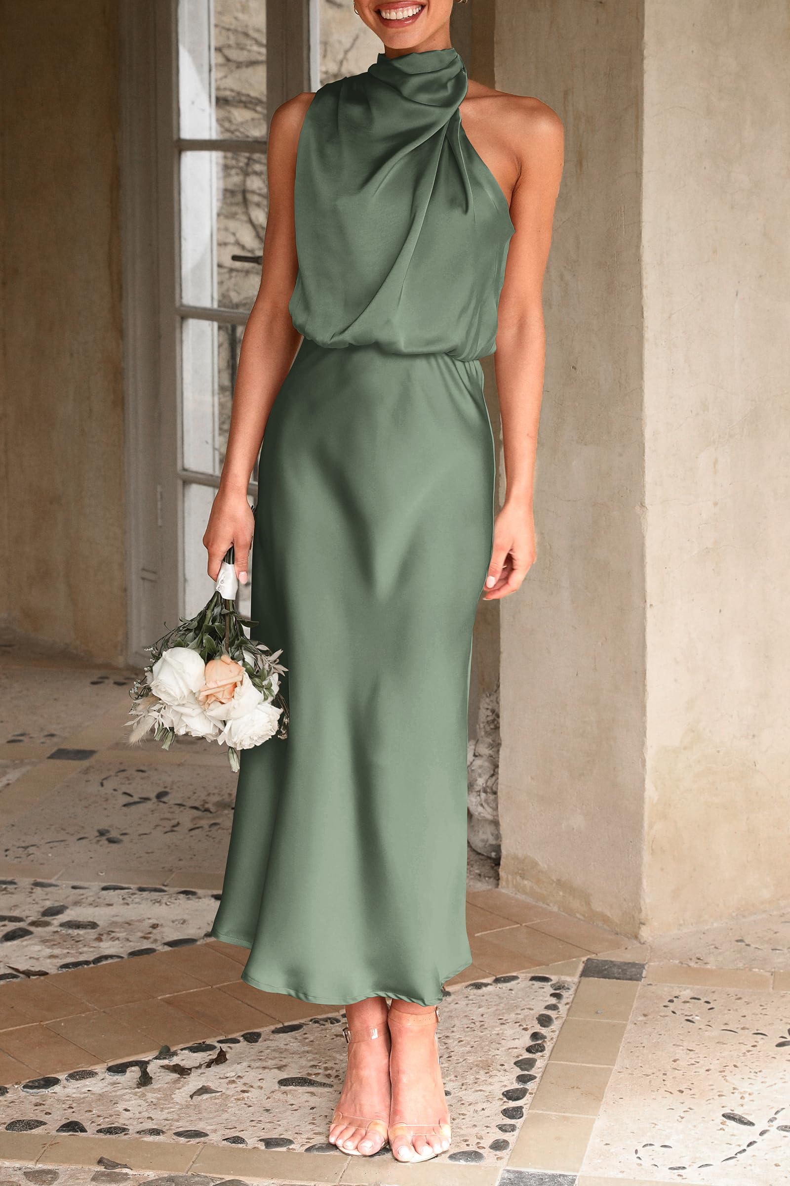 Women's Summer Satin Maxi Cocktail Dress Army Green