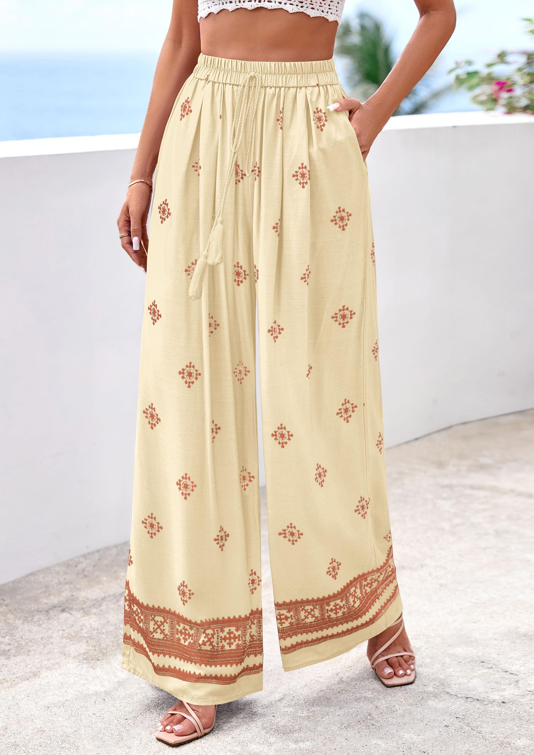 Wide Leg Flowy Boho Pants for Women, Light Yellow Brick Red,S
