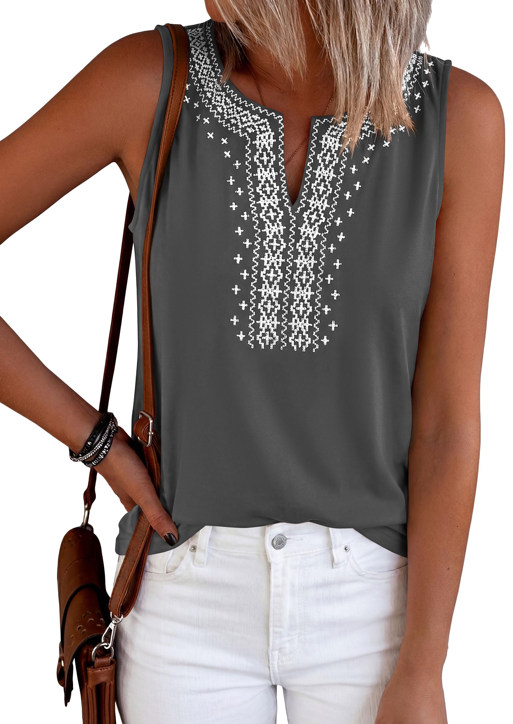 Womens Embroidered Sleeveless Tank Tops Grey,S