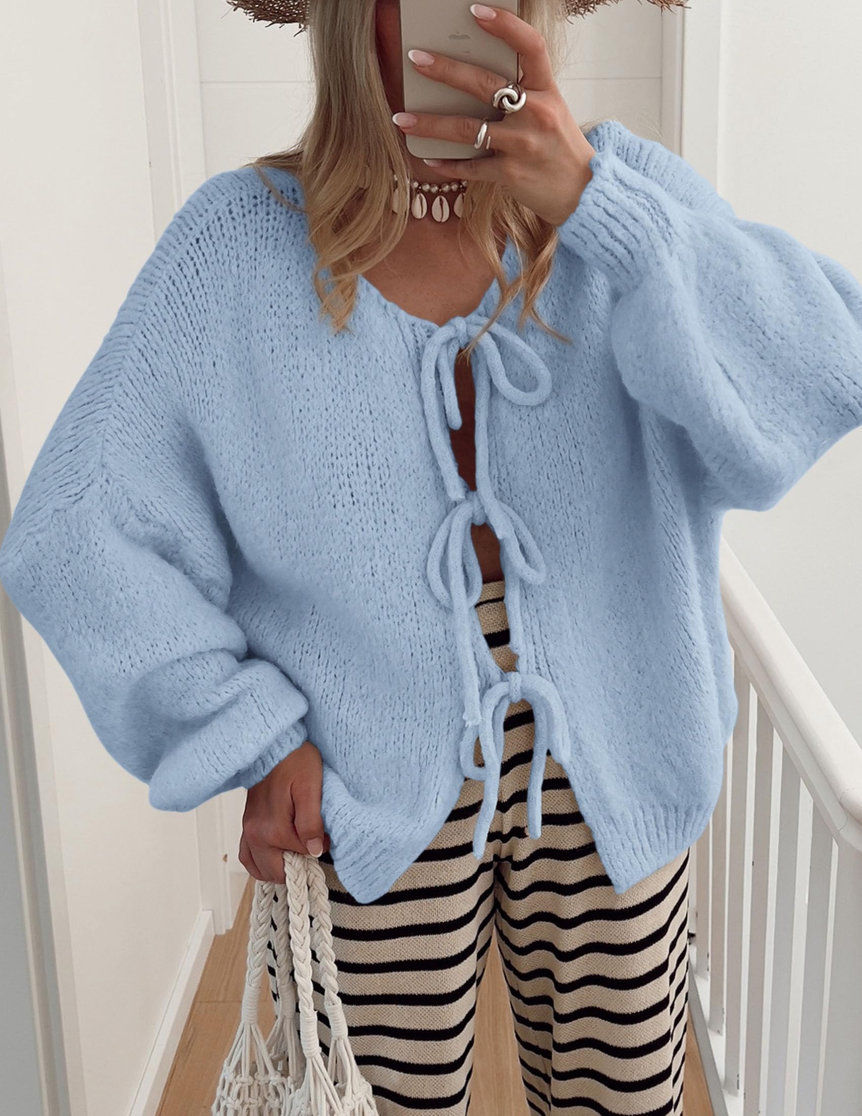 Women's Tie Front Bow Cardigan Sweaters(Sky Blue,Medium)
