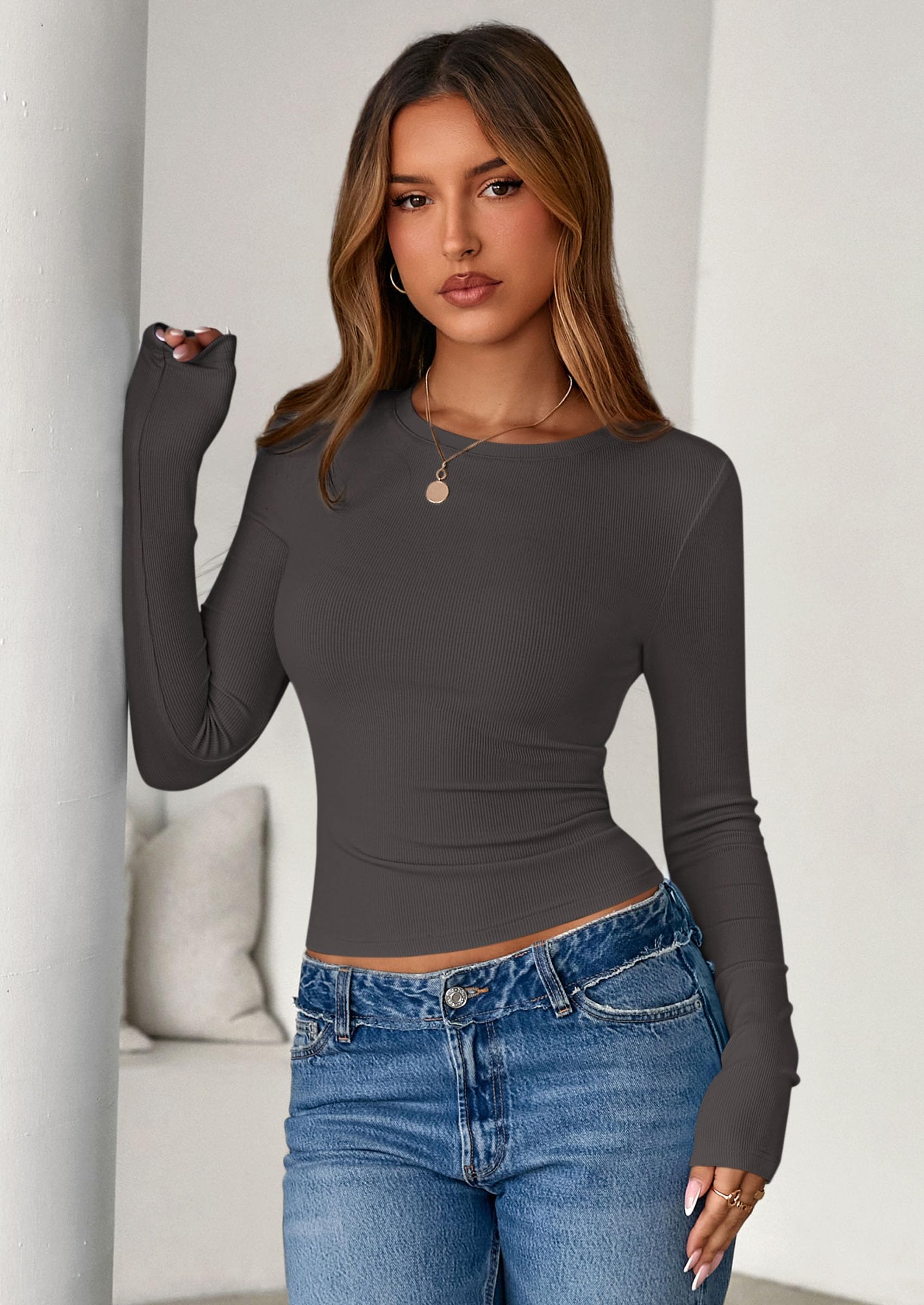 Women's Fall Long Sleeve Shirts Basic Tees (Dark Grey,XS)