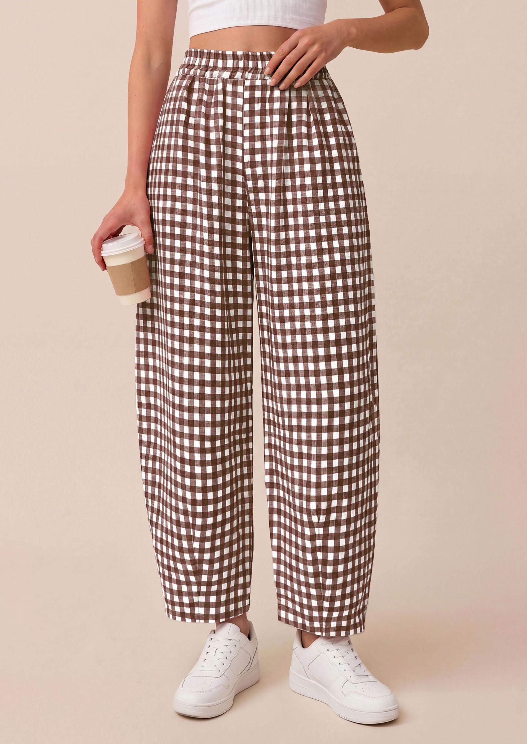 Plaid Barrel Pants Women Summer Bottoms, Brown Plaid,S