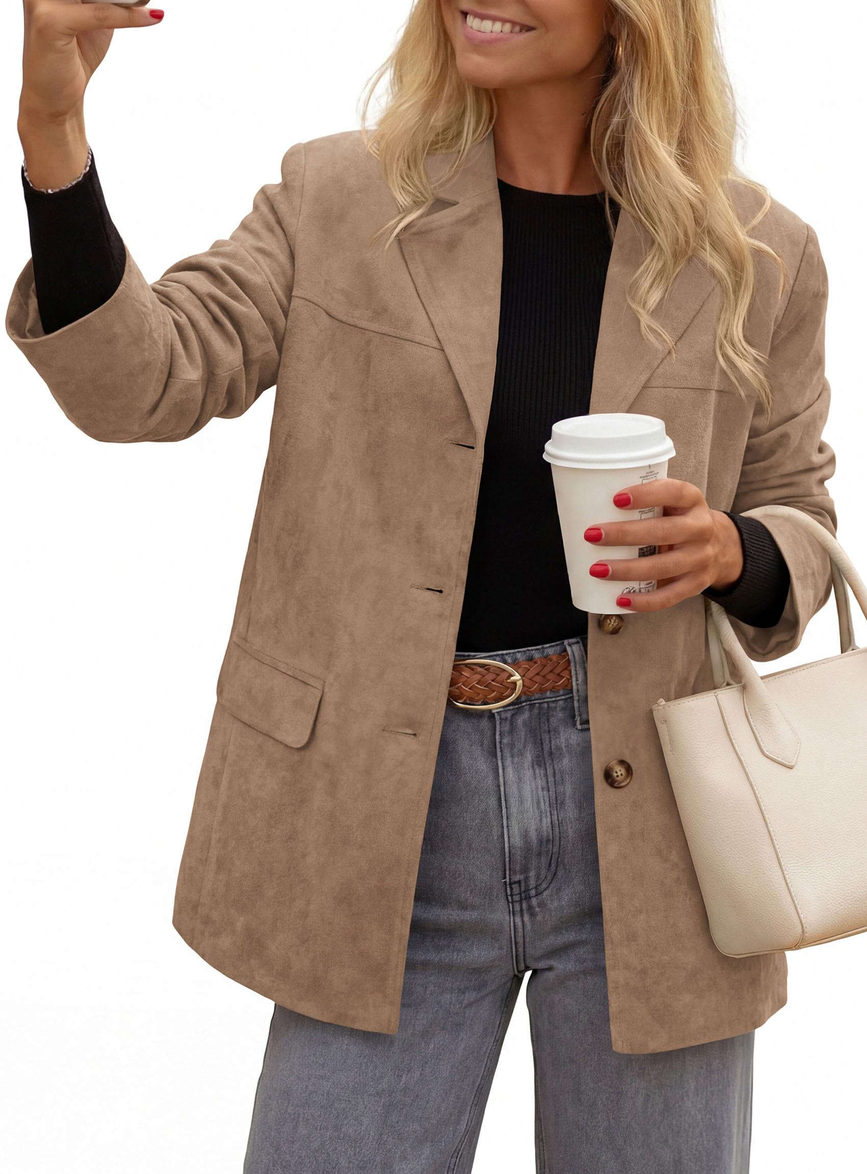 Blazers for Women Western Fall Faux Suede Jacket Khaki