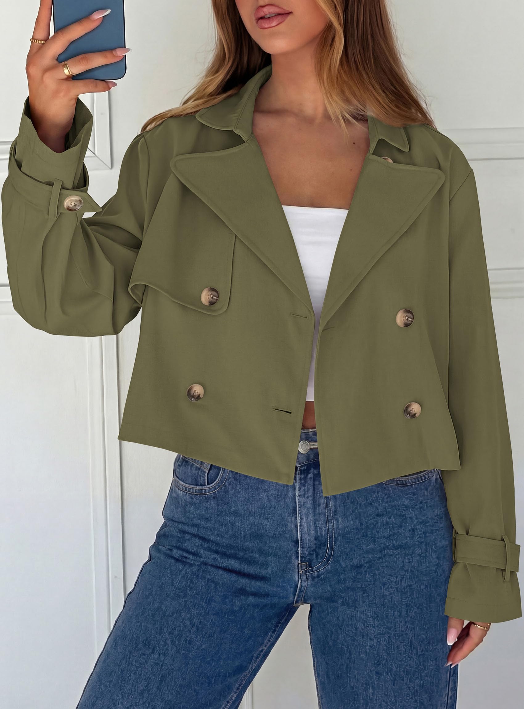 Cropped Trench Coat For Women Short Jacket,Army Green,S