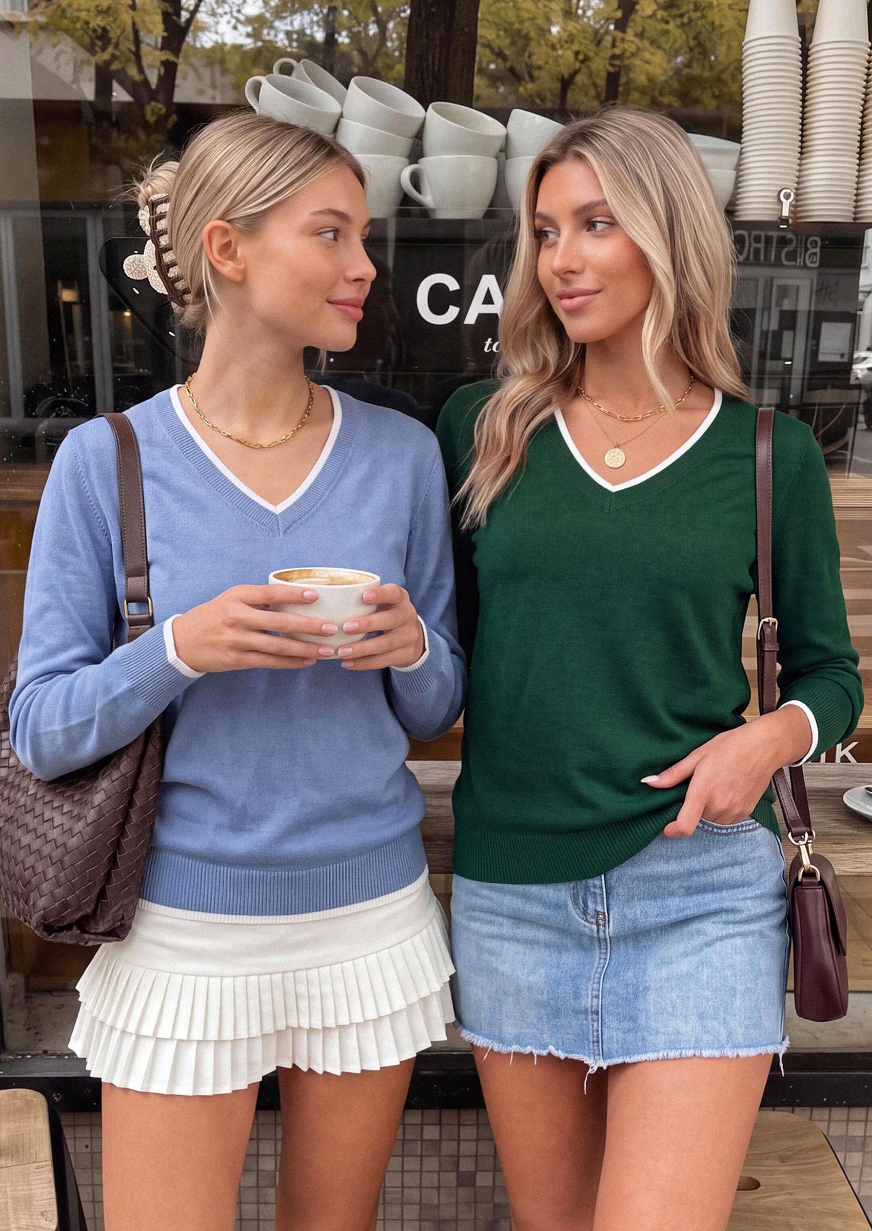 Women's V Neck Sweater Long Sleeve Knit Tops (Dark Green,S)