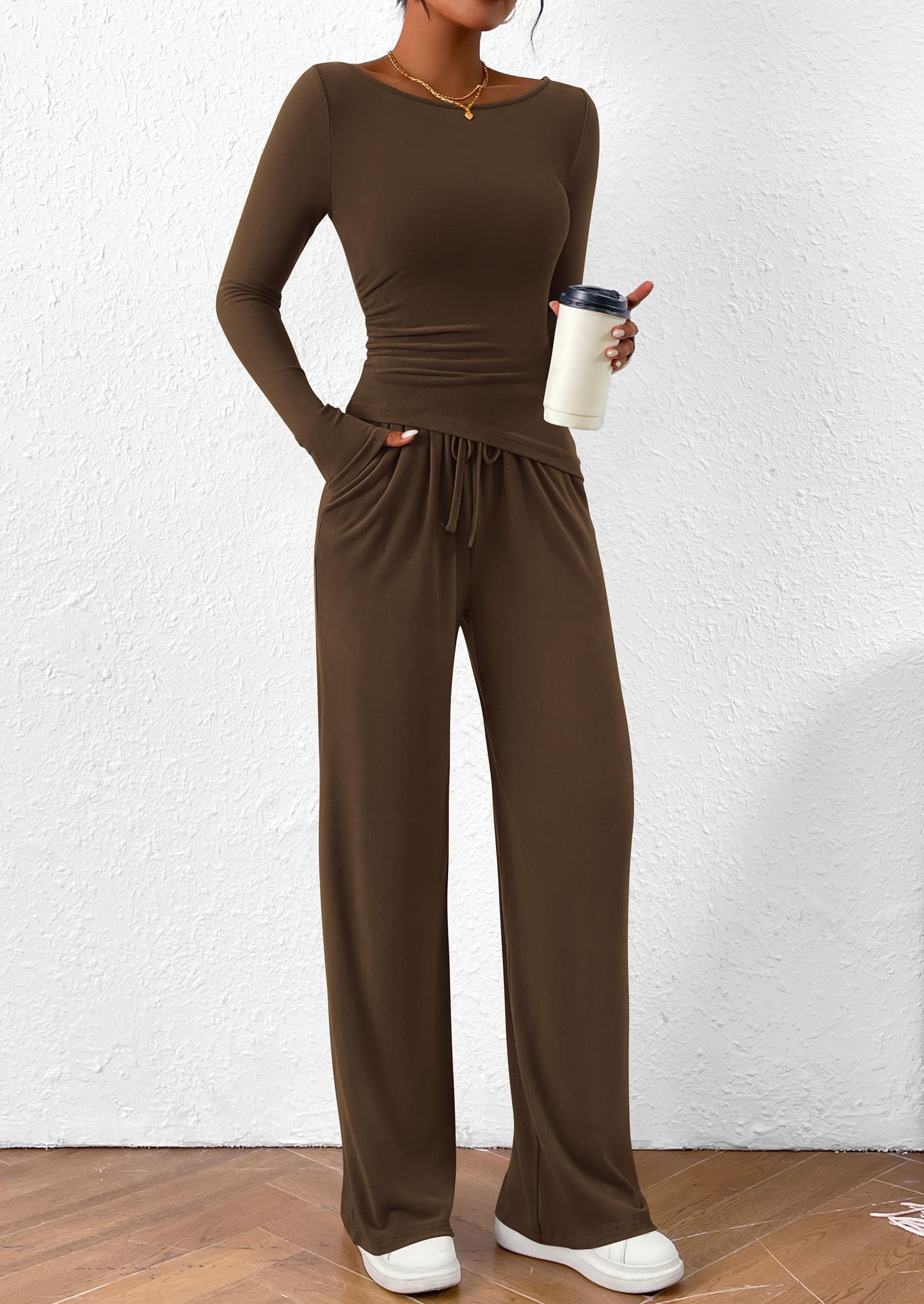 Women's 2 Piece Lounge Sets Airport Outfits(Brown,XS)