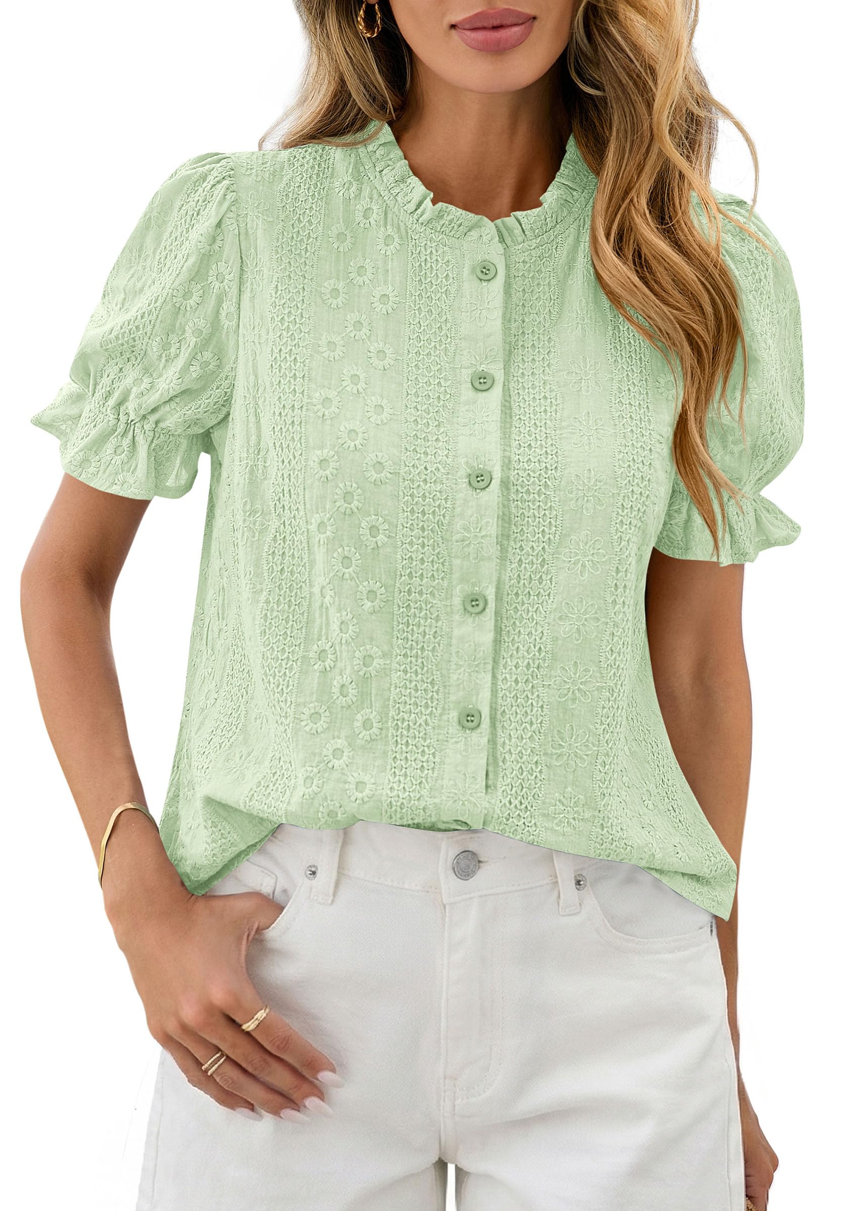 Womens Embroidered Puff Short Sleeve Tops,Light Green,S