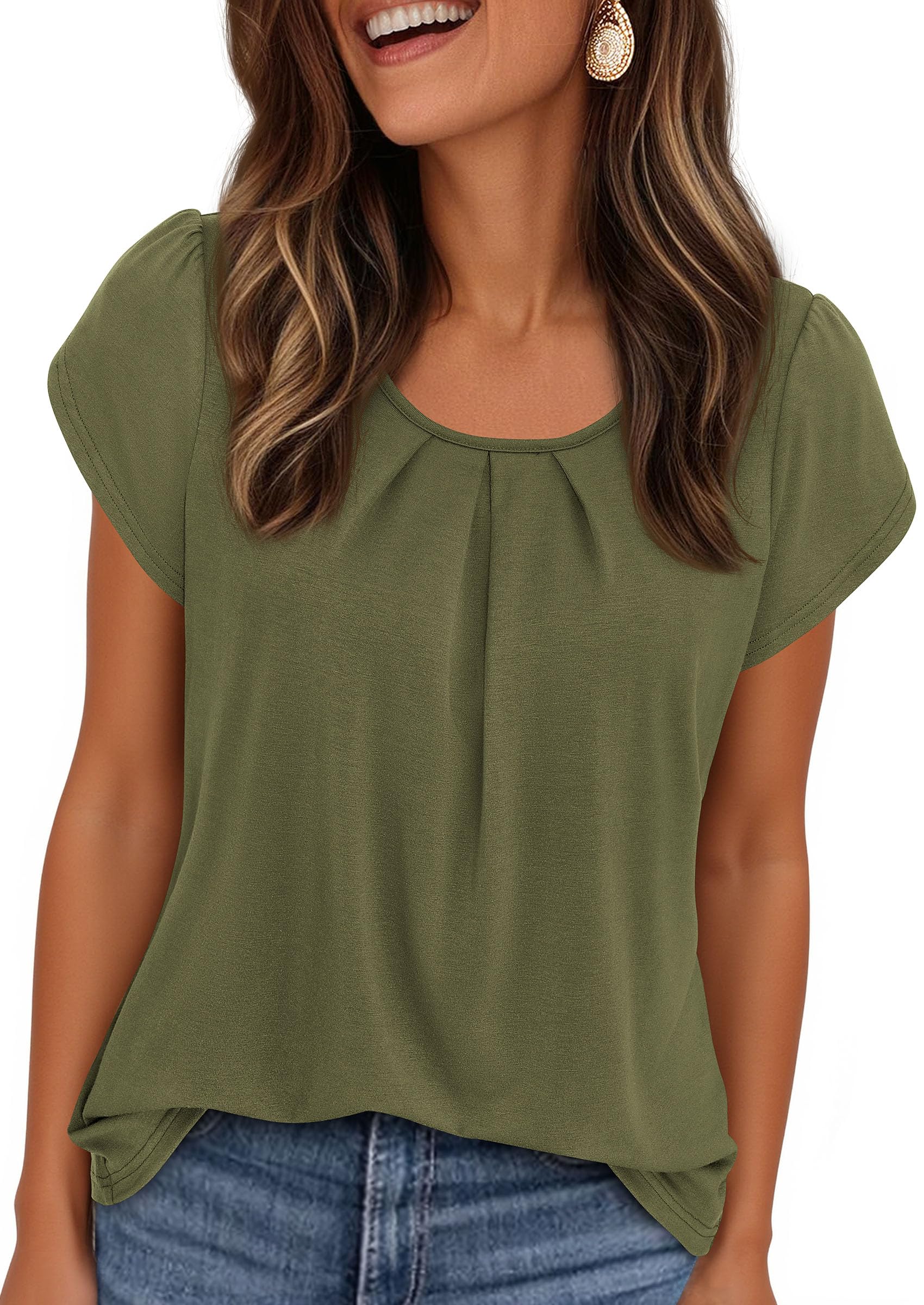Women's Summer Short Sleeve Tops Casual Blouses,Army Green,S