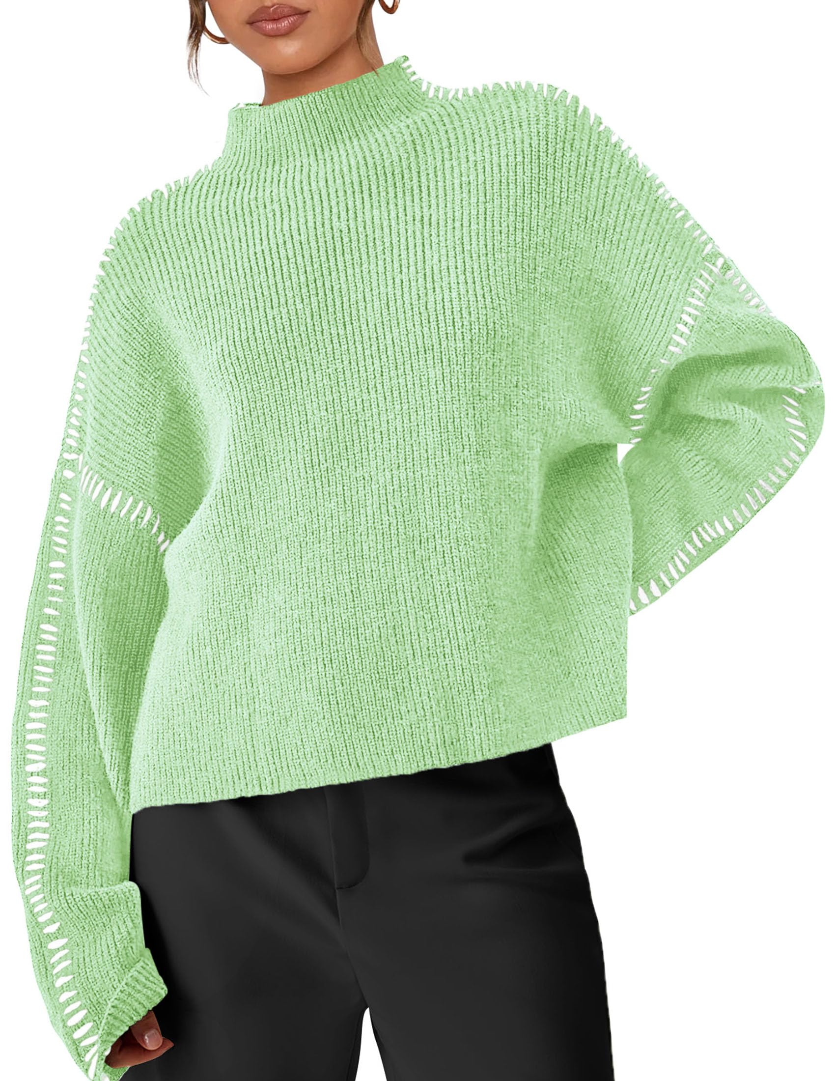 Womens Chunky Knit Oversized Pullover Sweaters,Light Green,S