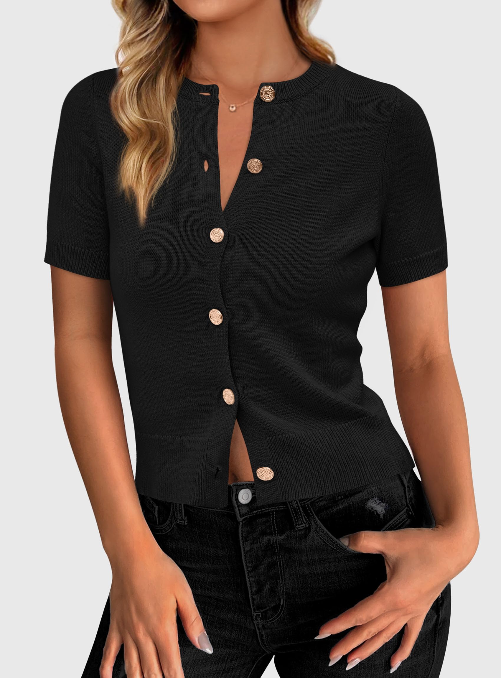 Womens Summer Cardigan Short Sleeve Sweater,Black,S