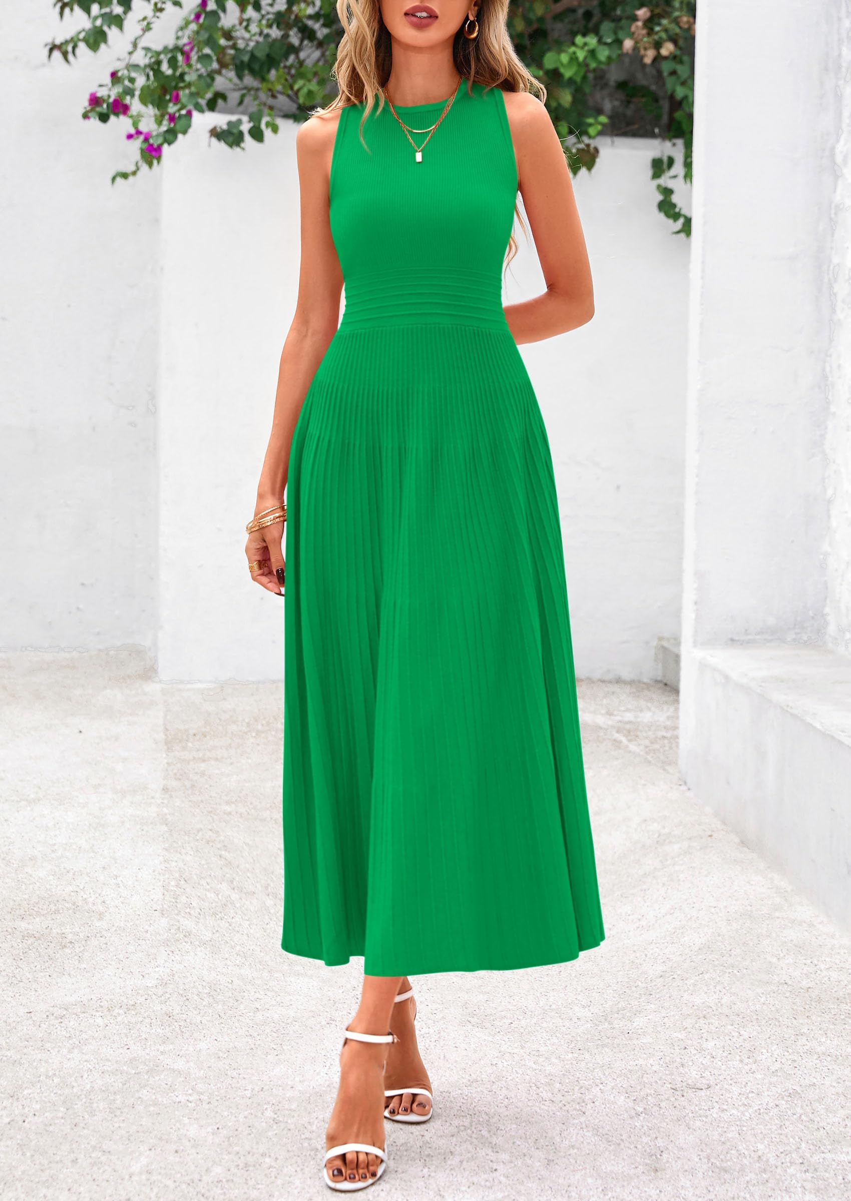 Women's Summer Pleated Midi Work Dress,Green,S