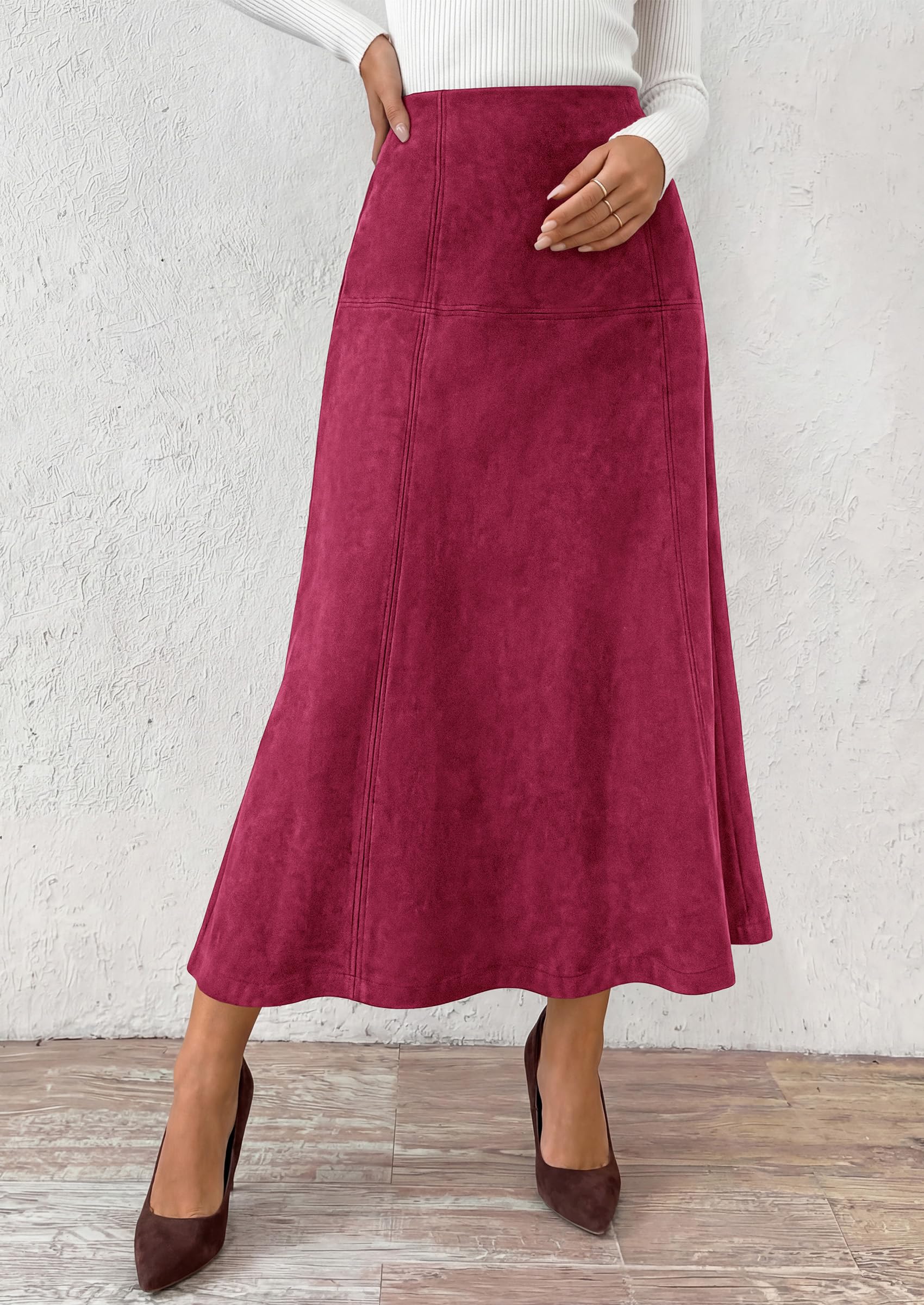 Womens High Waist Faux Suede A Line Midi Skirt,Wine Red,S