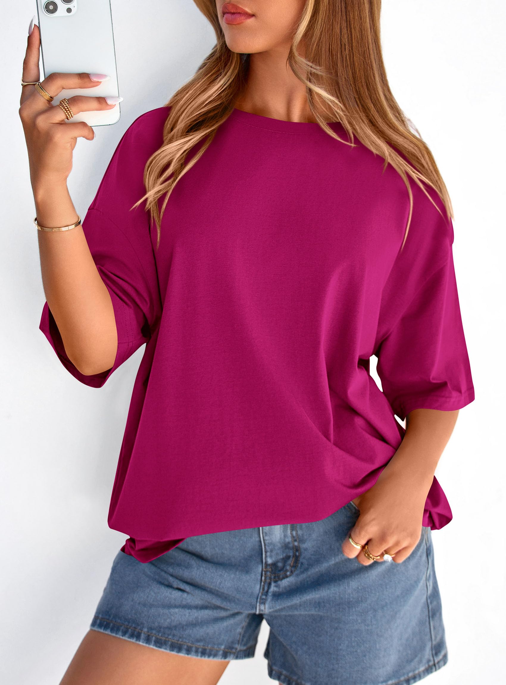 Women's Oversized Tshirts Going Out Tops (Rose Red,S)