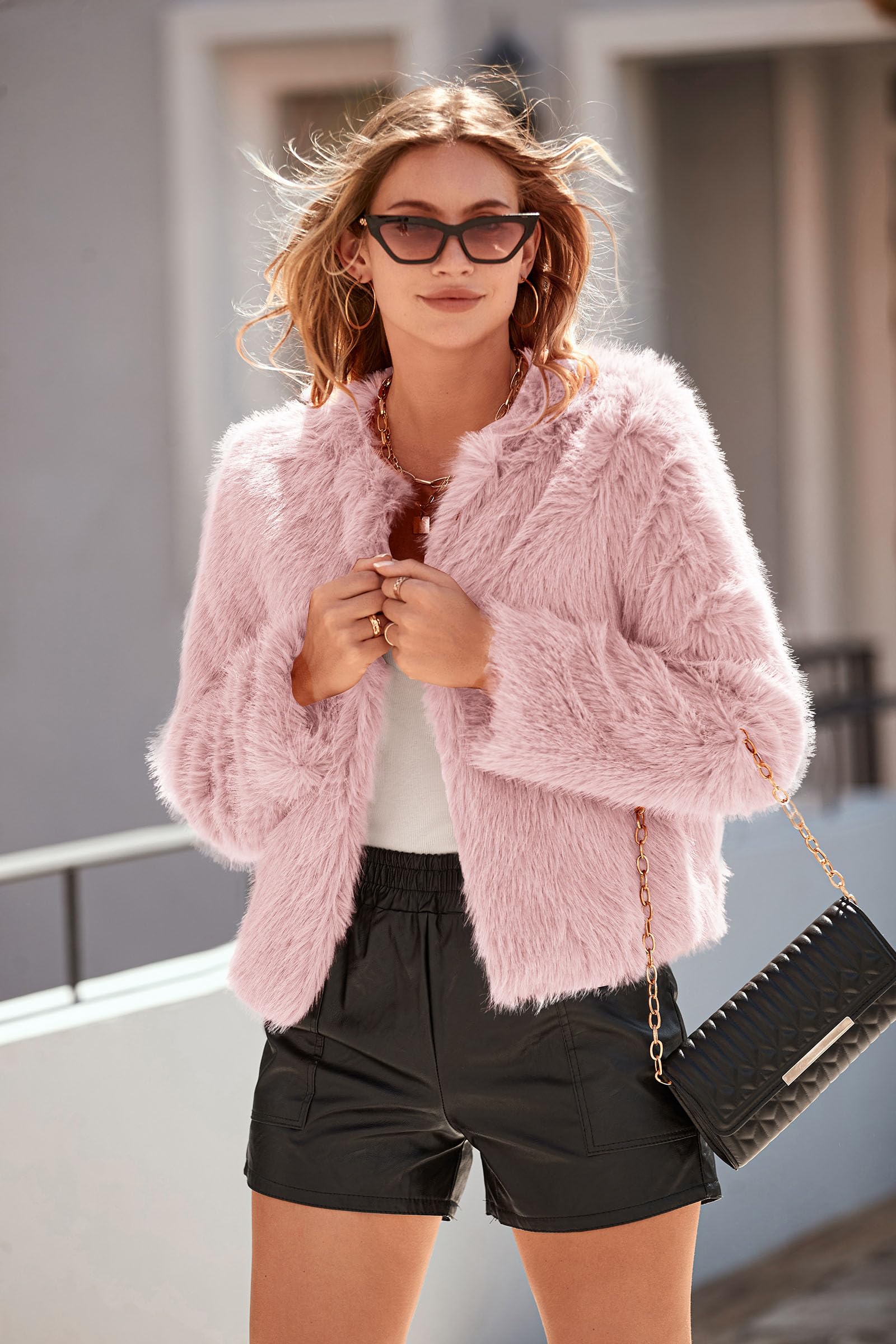 Women's Winter Cropped Faux Fur Coats(Pink,Small)