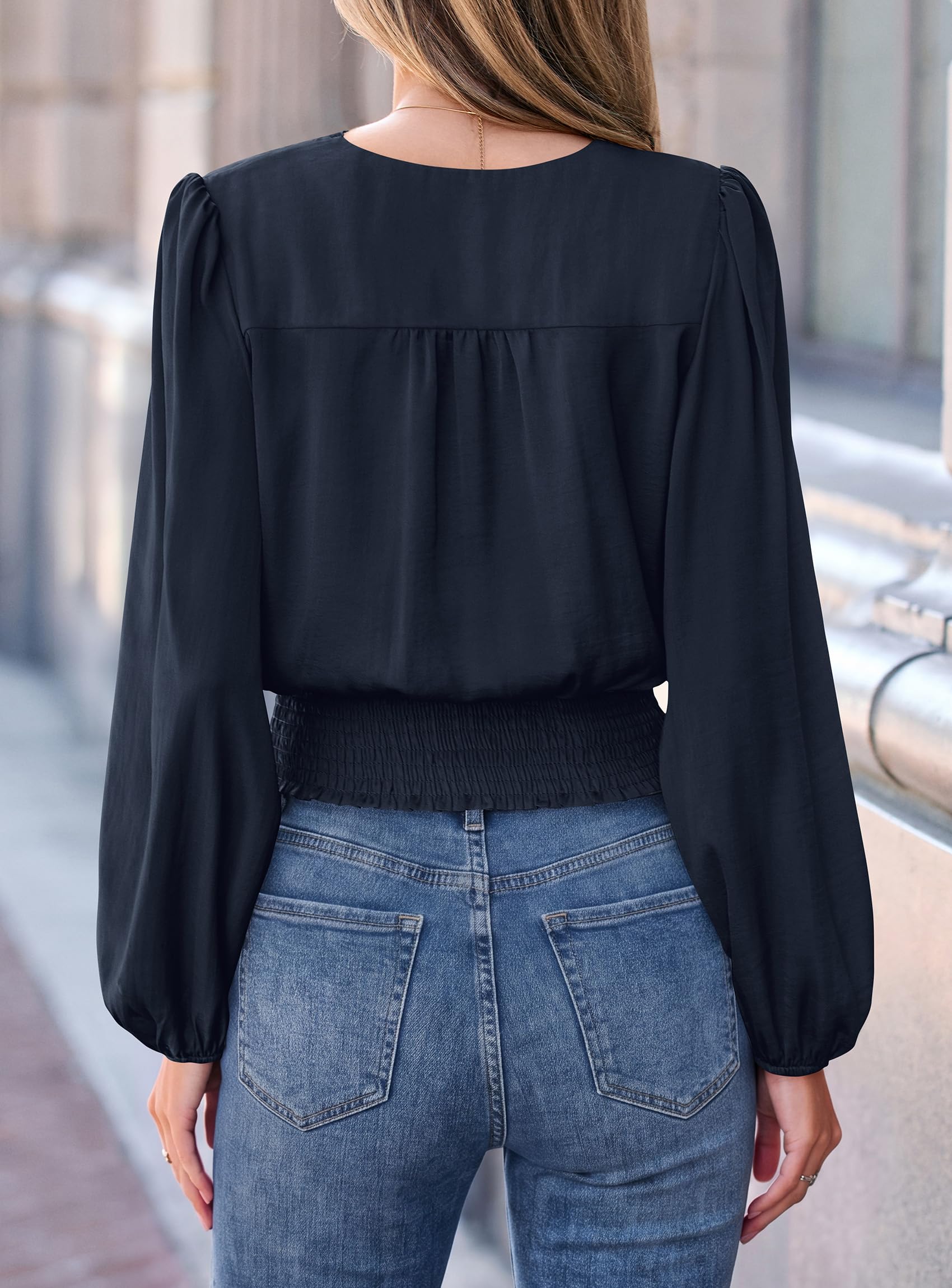Women's Long Sleeve V Neck Wrap Blouse,Navy,S