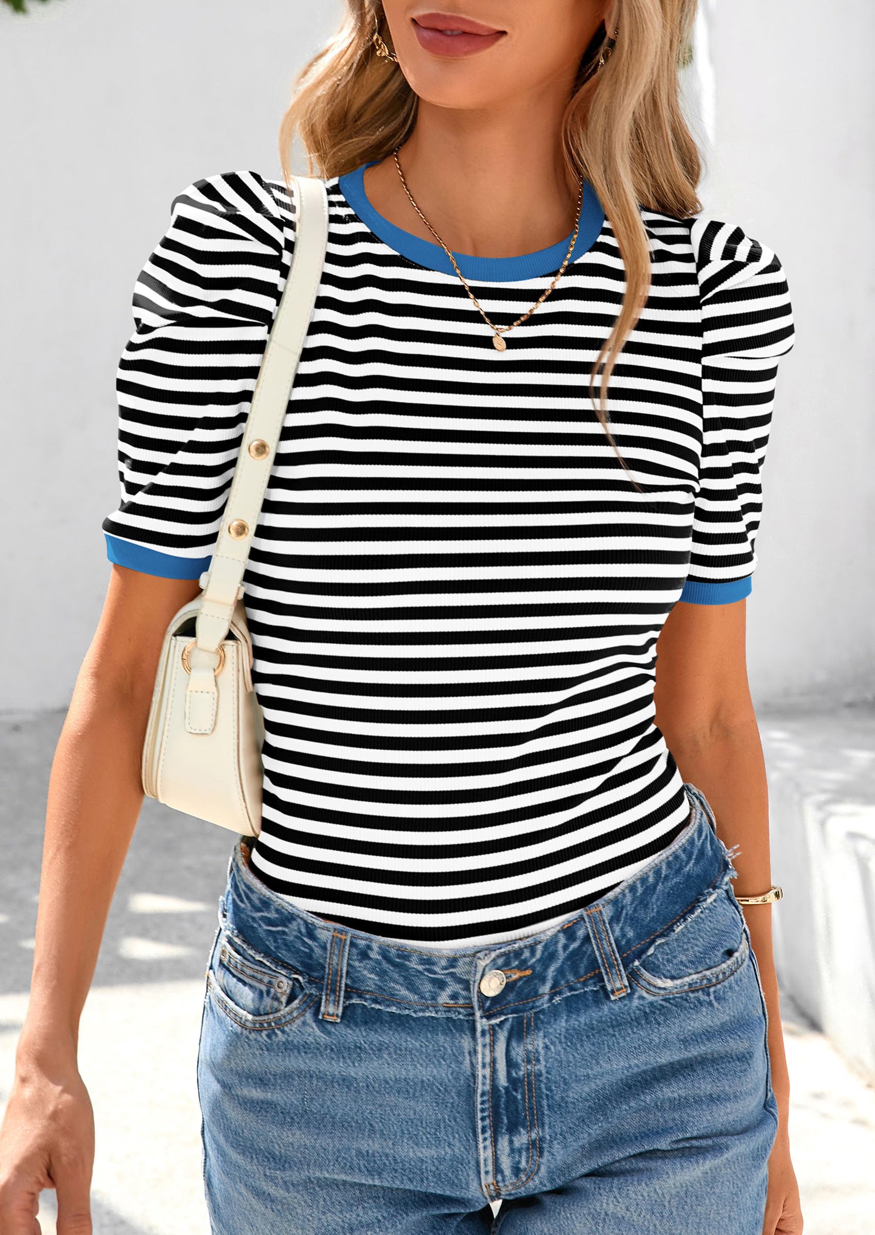 Ribbed Puff Short Sleeve Tops for Women Striped Shirt Black,XS
