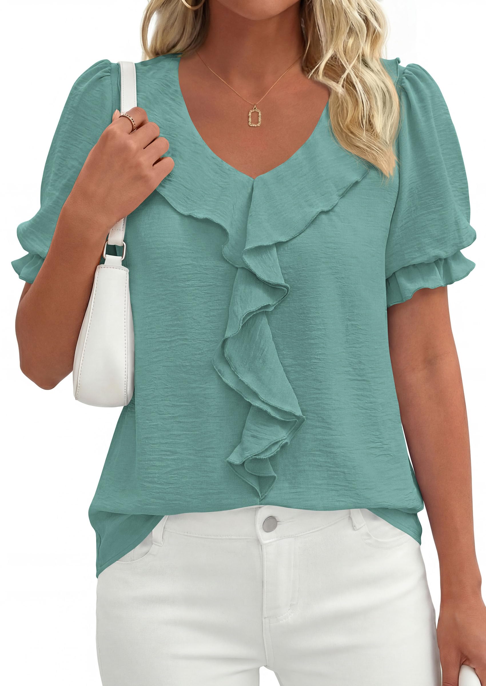 Women's Summer Ruffle Dressy Casual Blouses (Blue Green,S)